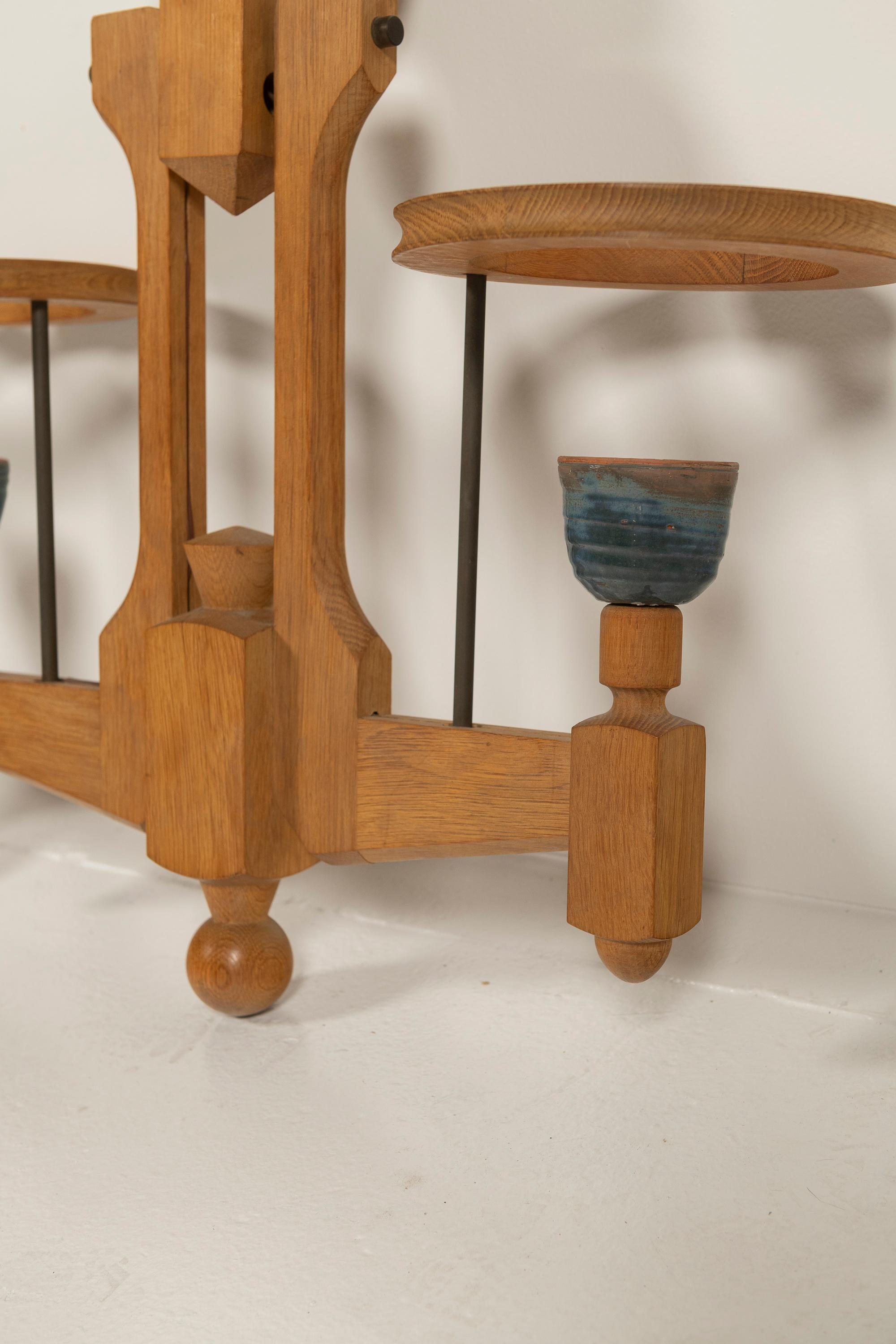 Two Mid-Century Modern Oak and Ceramic Chandeliers by Guillerme & Chambon, 1960s For Sale 3