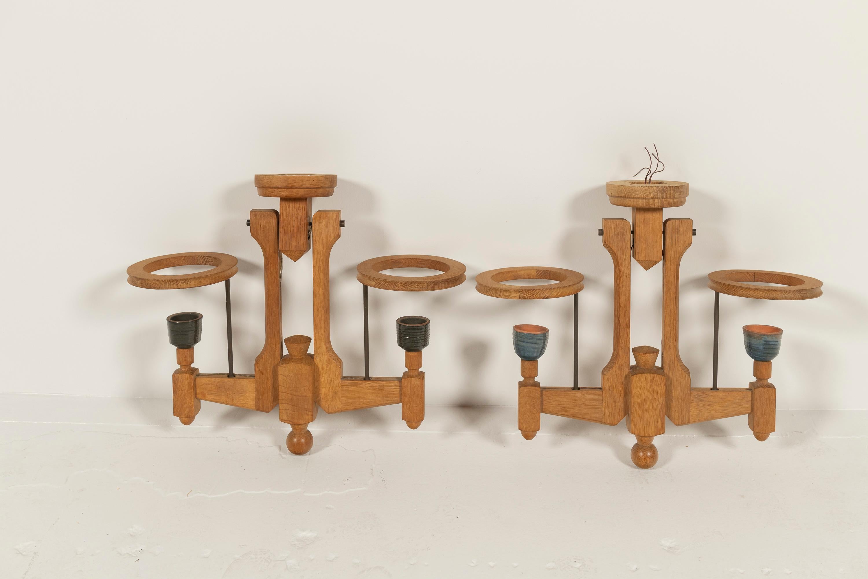 Two Mid-Century Modern Oak and Ceramic Chandeliers by Guillerme & Chambon, 1960s For Sale 4