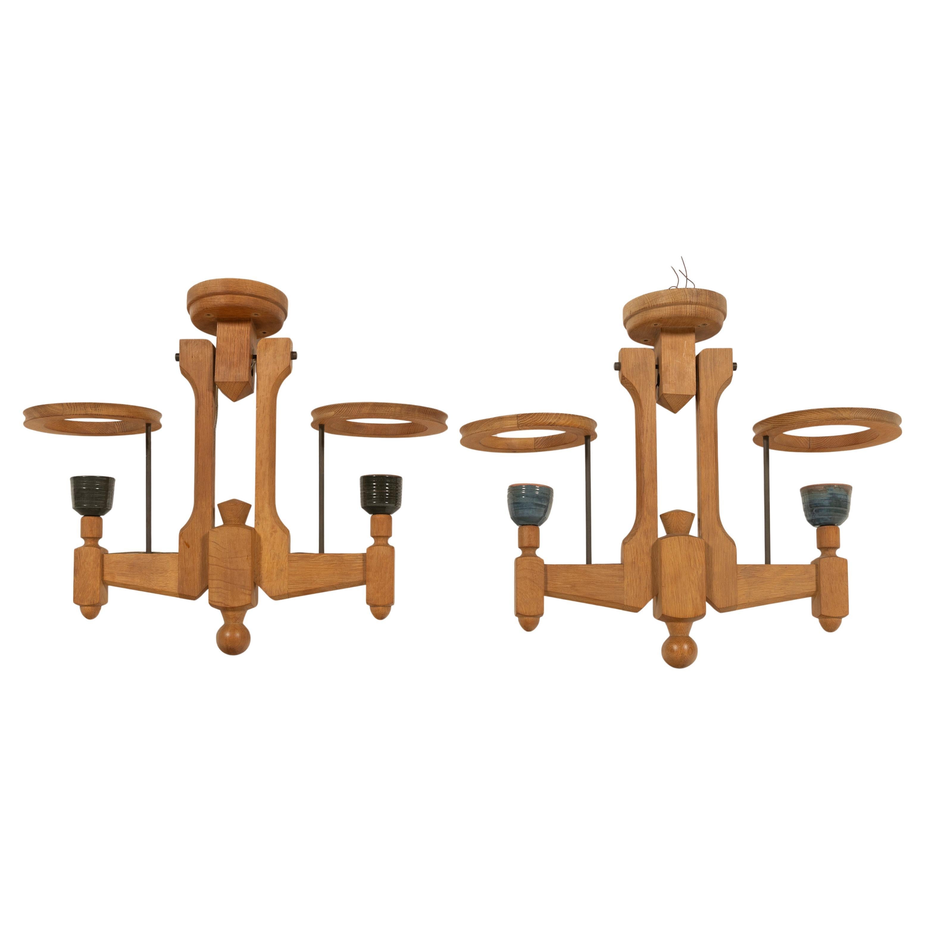 Two Mid-Century Modern Oak and Ceramic Chandeliers by Guillerme & Chambon, 1960s