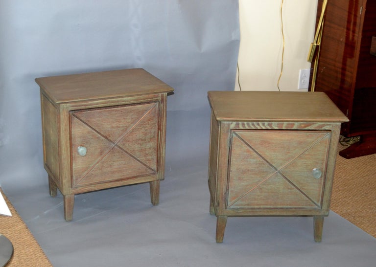 Two MidCentury Modern Oak Nightstands Bedside Tables Cerused Finish Resin Knobs For Sale at