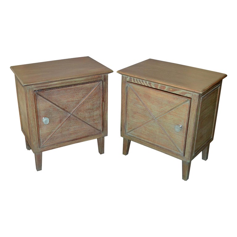 Two MidCentury Modern Oak Nightstands Bedside Tables Cerused Finish Resin Knobs For Sale at