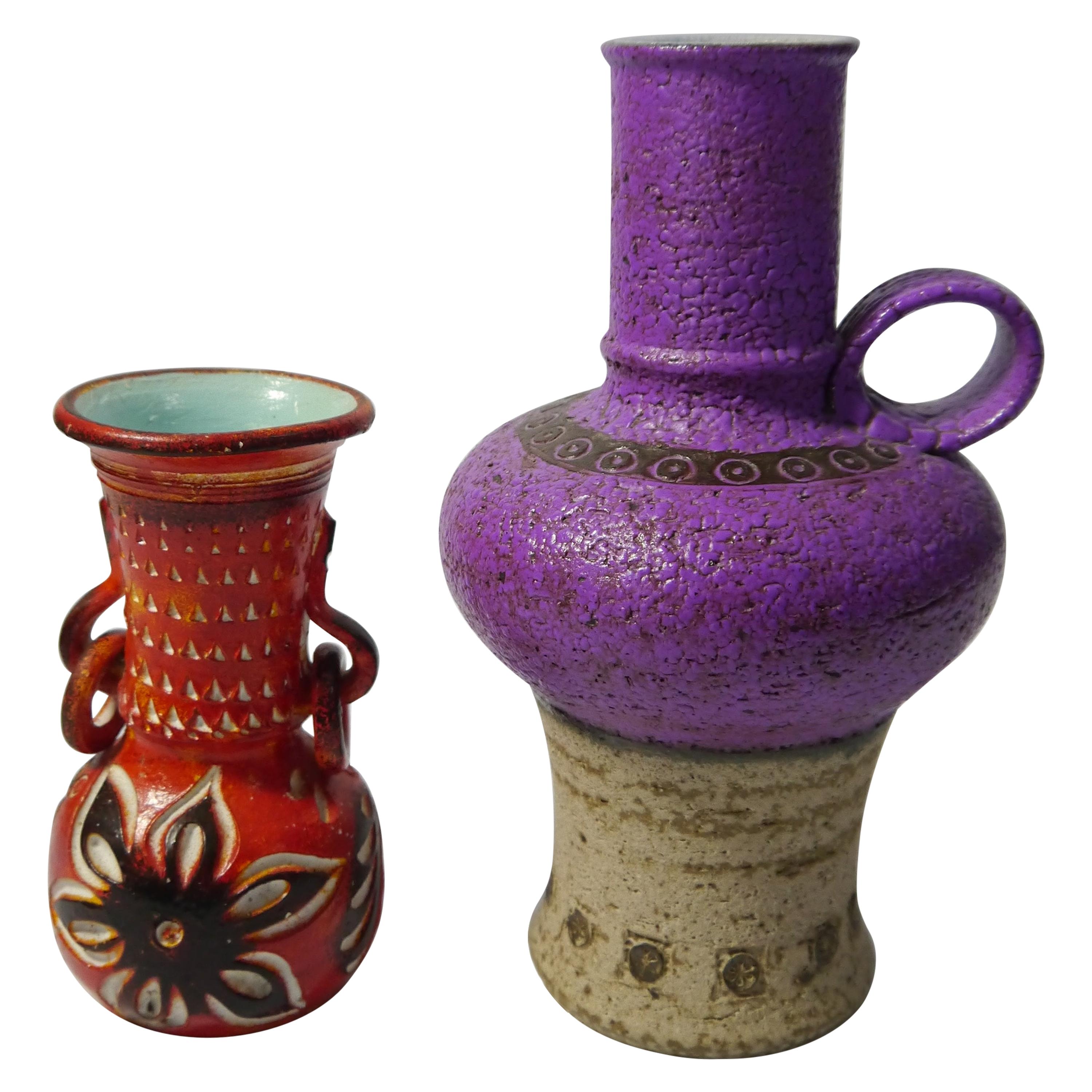 Two Mid-Century Modern Purple or Red West Germany Pottery Vases For Sale