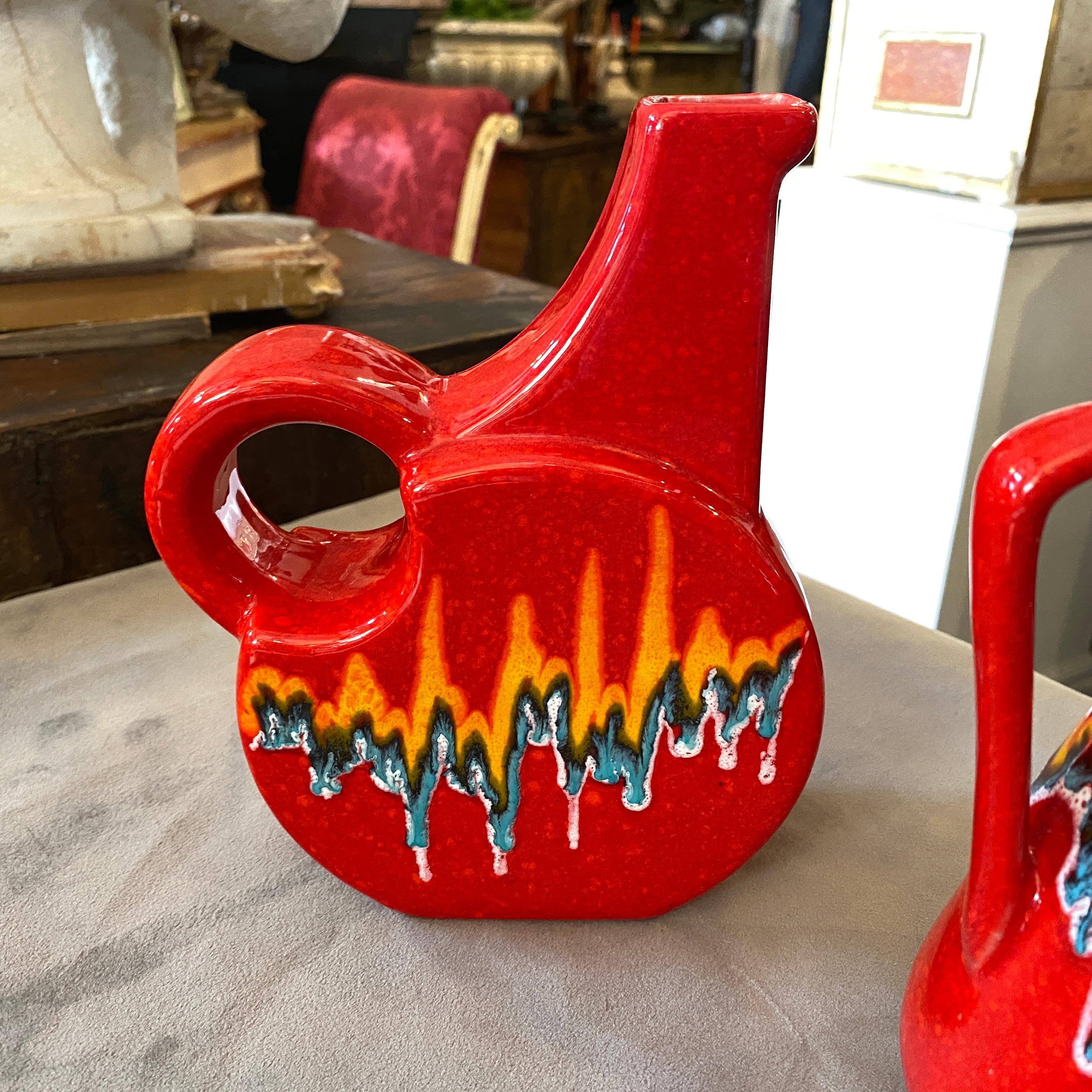 Hand-Painted 1980s Two Mid-Century Modern Red Ceramic Italian Jugs by Bertoncello