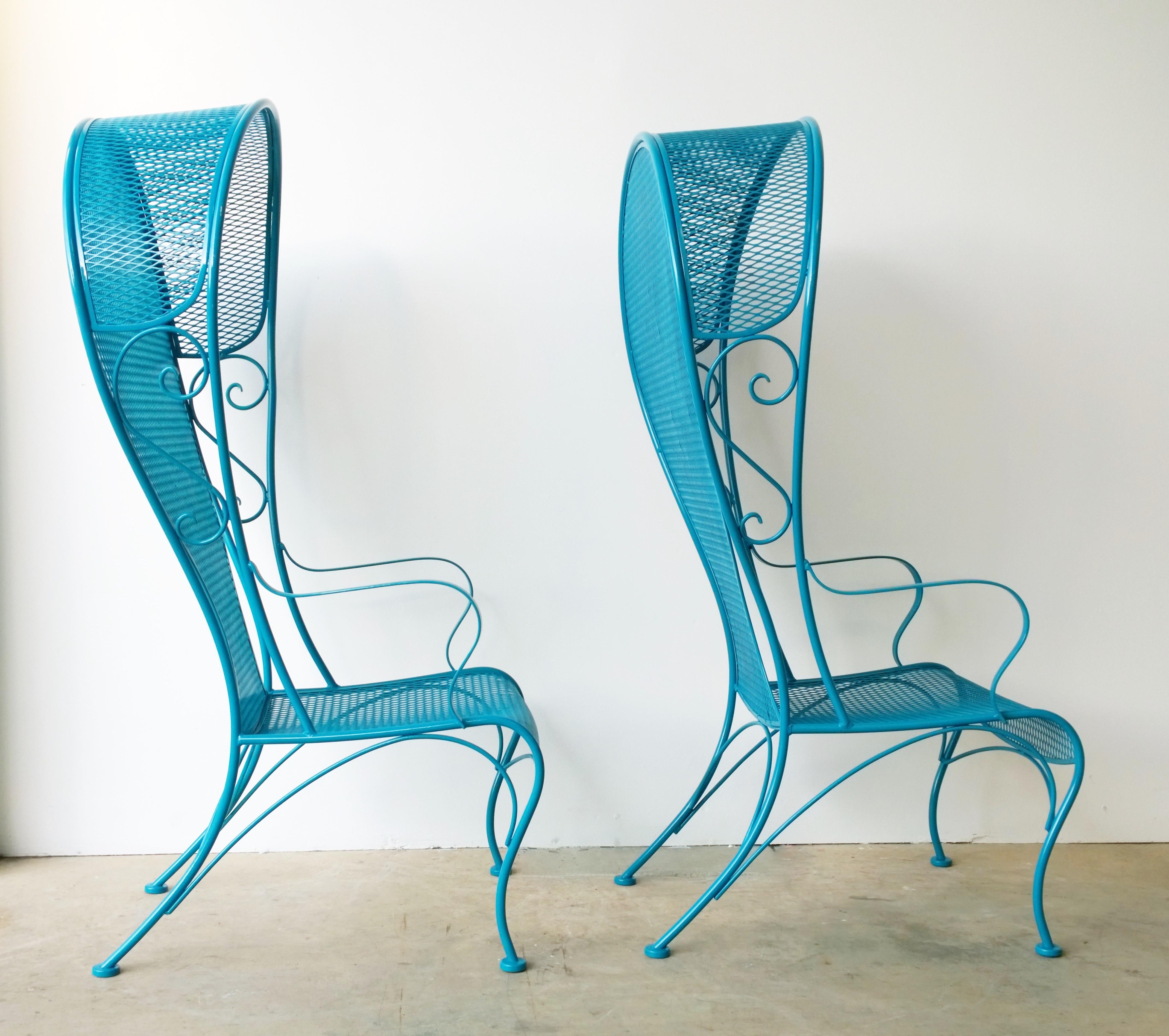 2 R. Woodard Newly Enameled Lagoon Blue Wrought Iron Patio Canopy Arm Chairs 3