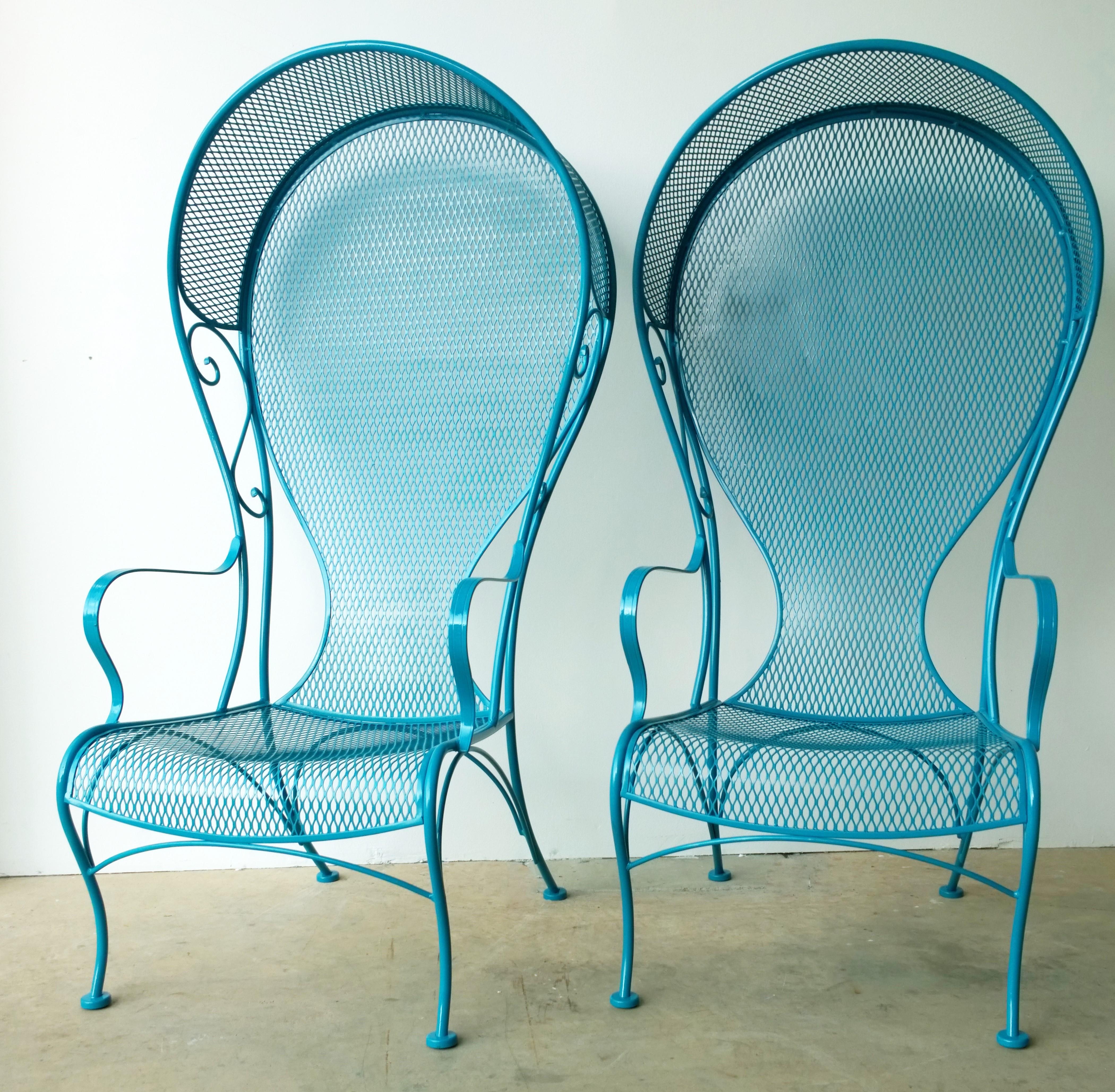 Offered are two Mid-Century Modern Russell Woodard wrought iron patio / garden canopy arm chairs, newly enameled in 