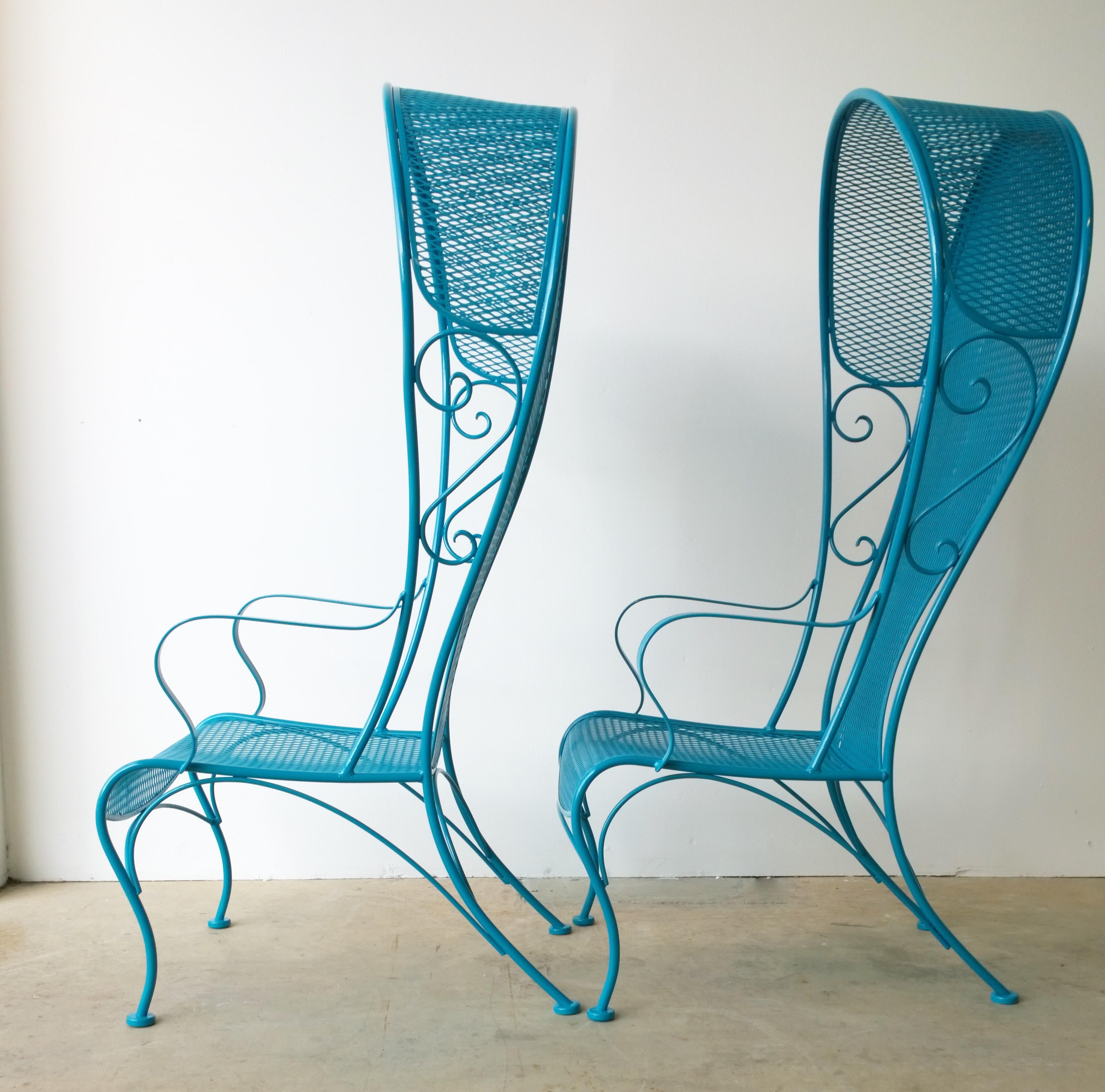 Mid-Century Modern 2 R. Woodard Newly Enameled Lagoon Blue Wrought Iron Patio Canopy Arm Chairs