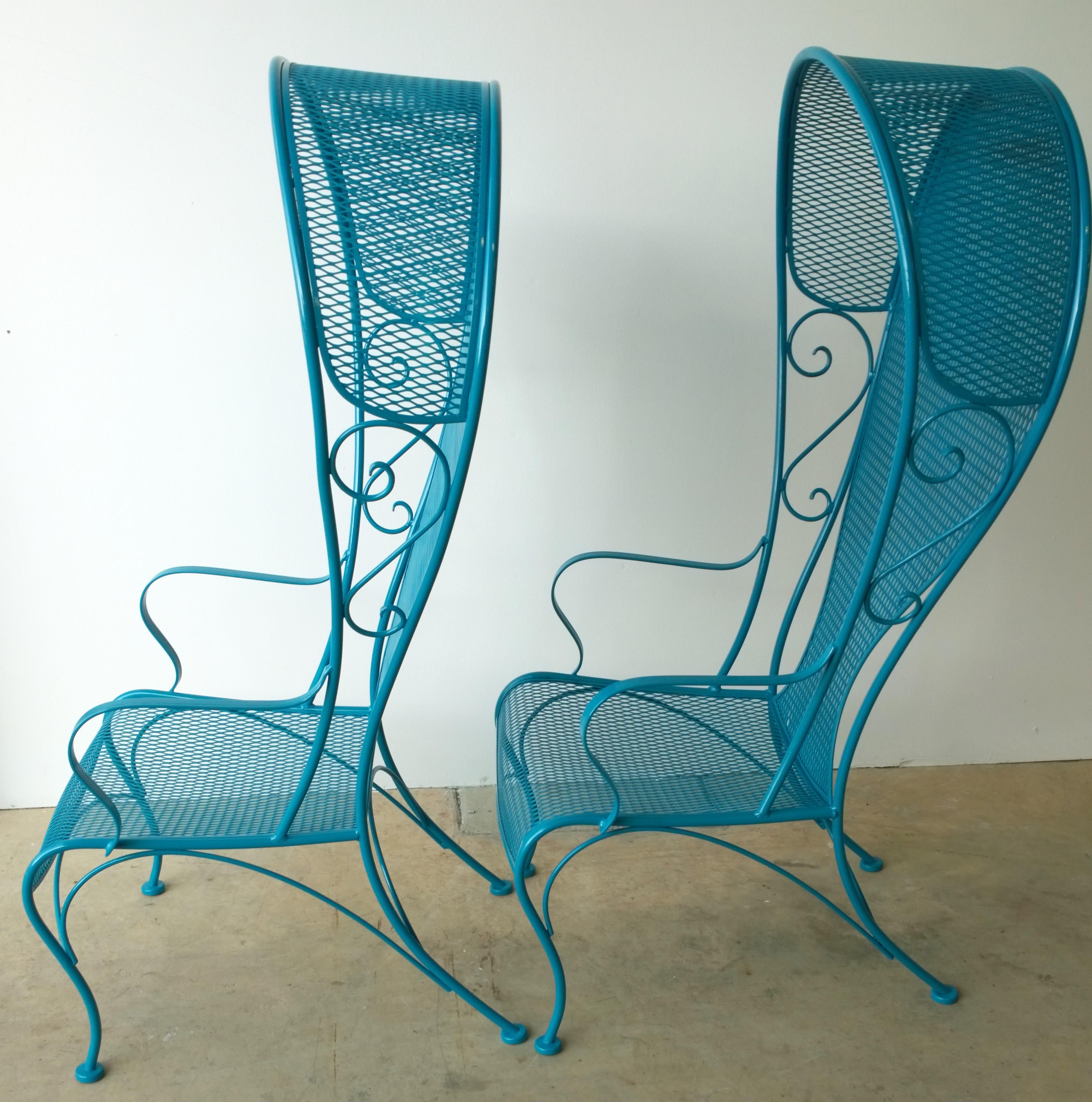 American 2 R. Woodard Newly Enameled Lagoon Blue Wrought Iron Patio Canopy Arm Chairs