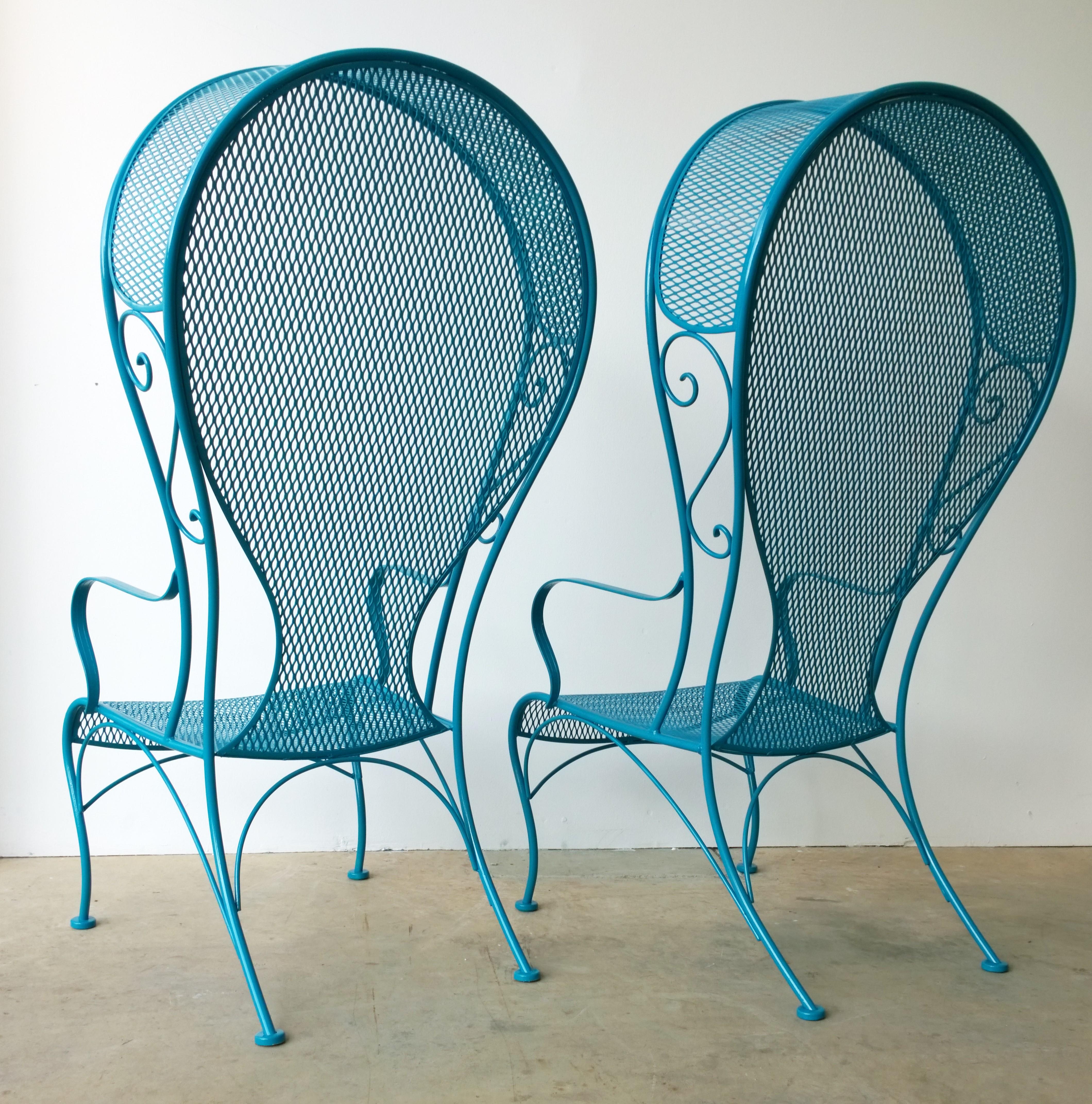 2 R. Woodard Newly Enameled Lagoon Blue Wrought Iron Patio Canopy Arm Chairs In Good Condition In Houston, TX