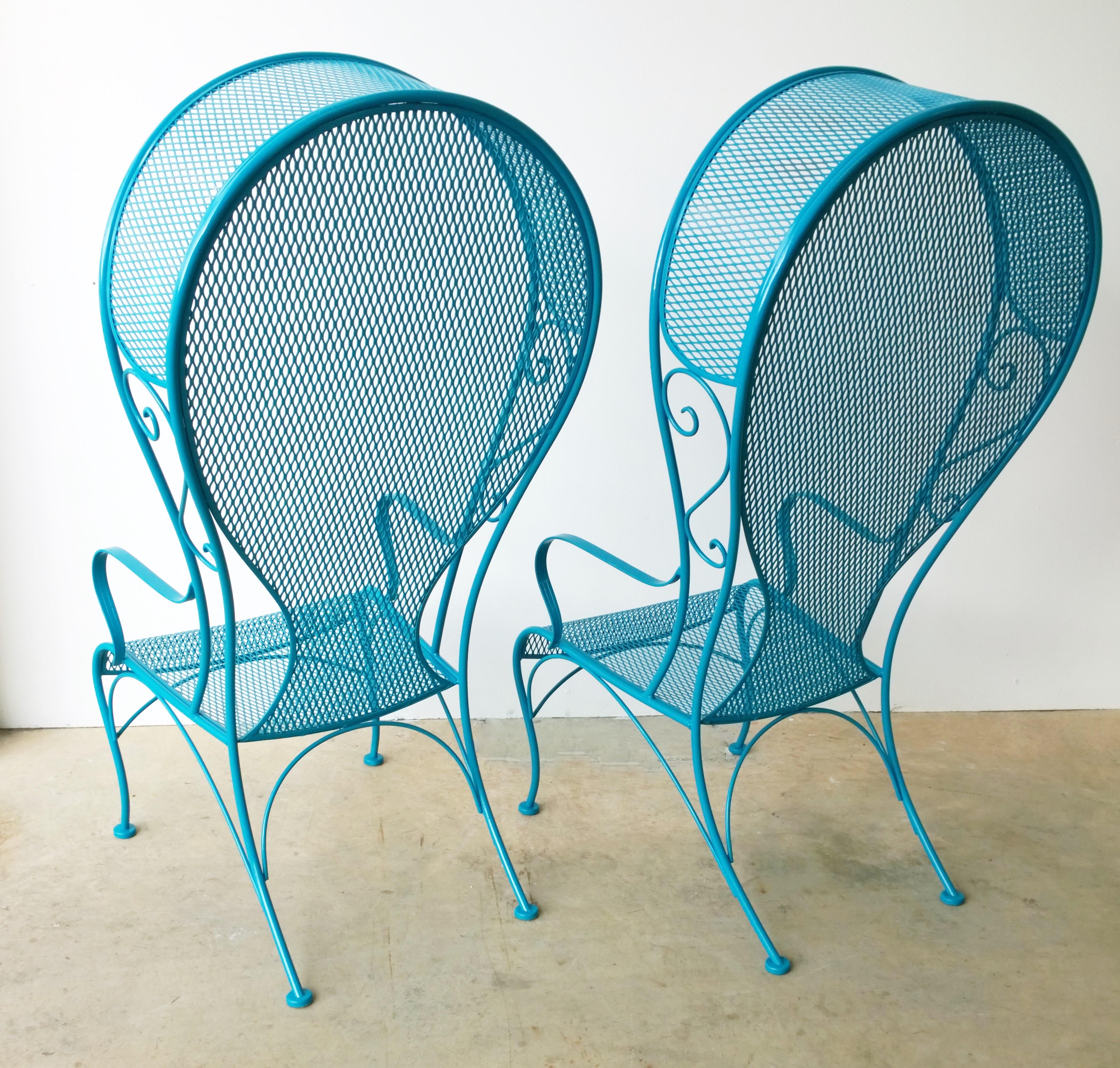 20th Century 2 R. Woodard Newly Enameled Lagoon Blue Wrought Iron Patio Canopy Arm Chairs