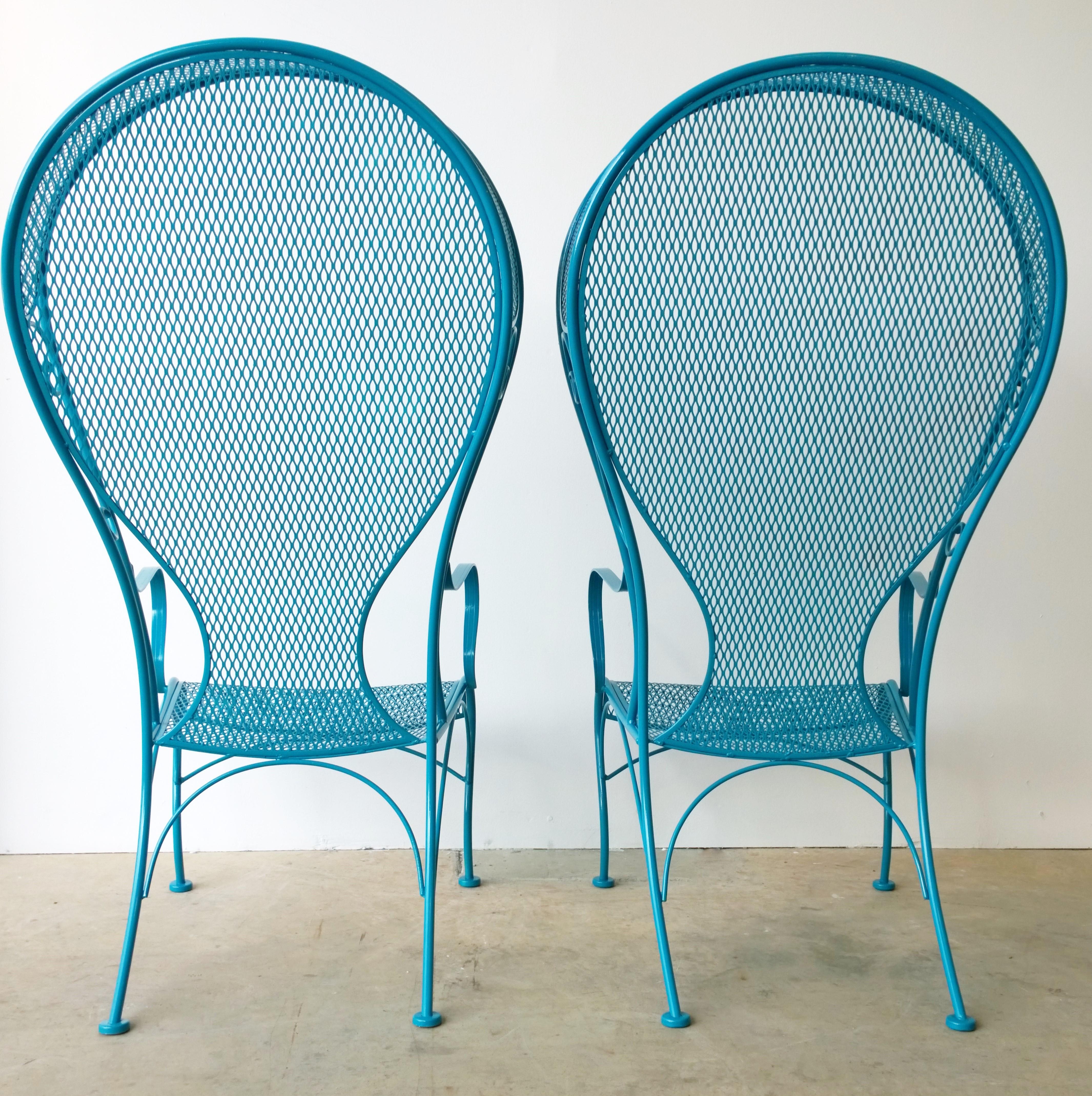 2 R. Woodard Newly Enameled Lagoon Blue Wrought Iron Patio Canopy Arm Chairs 1