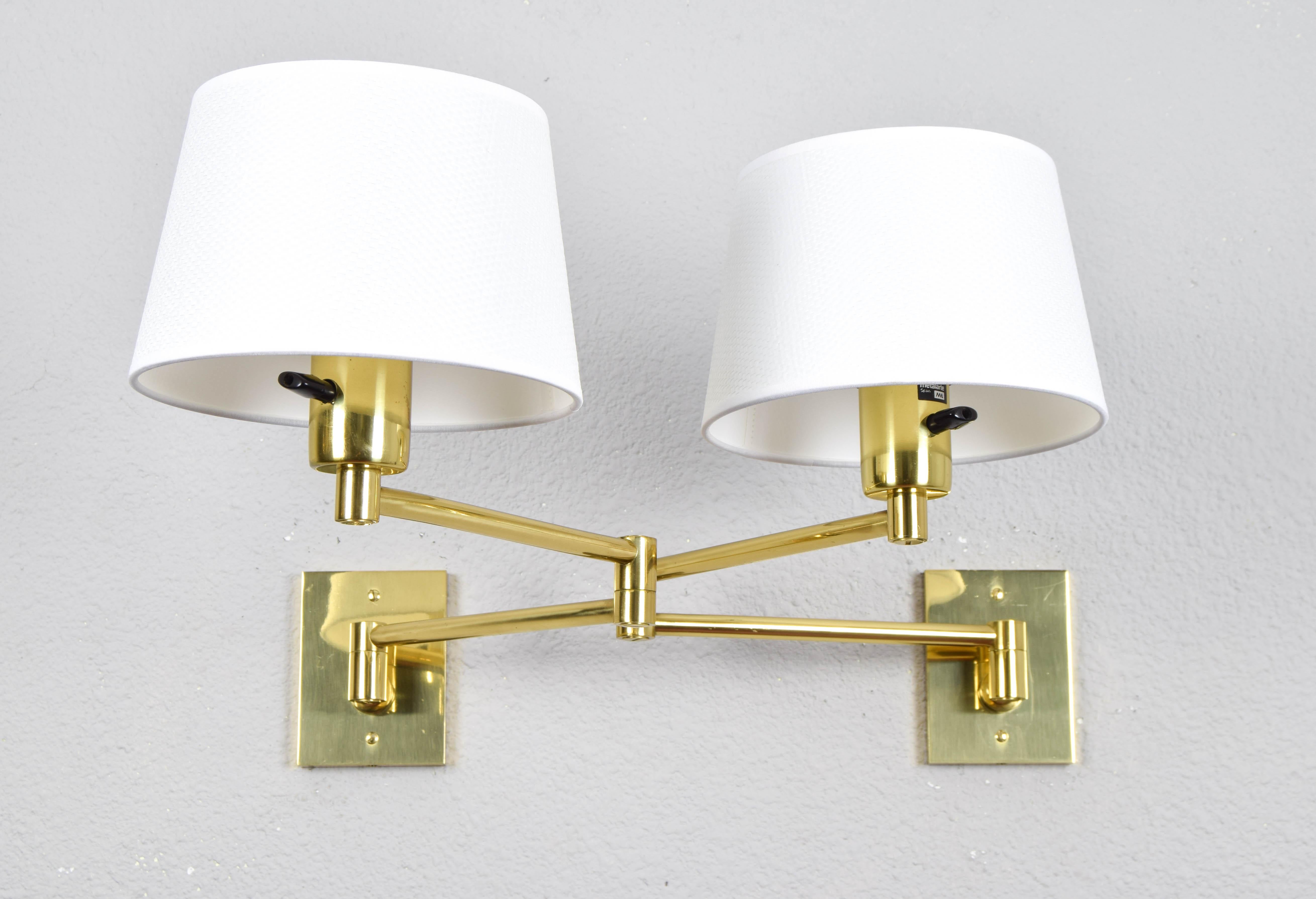  Two Mid-Century Modern Swing Arm Brass Sconces by George W Hansen for Metalarte 1