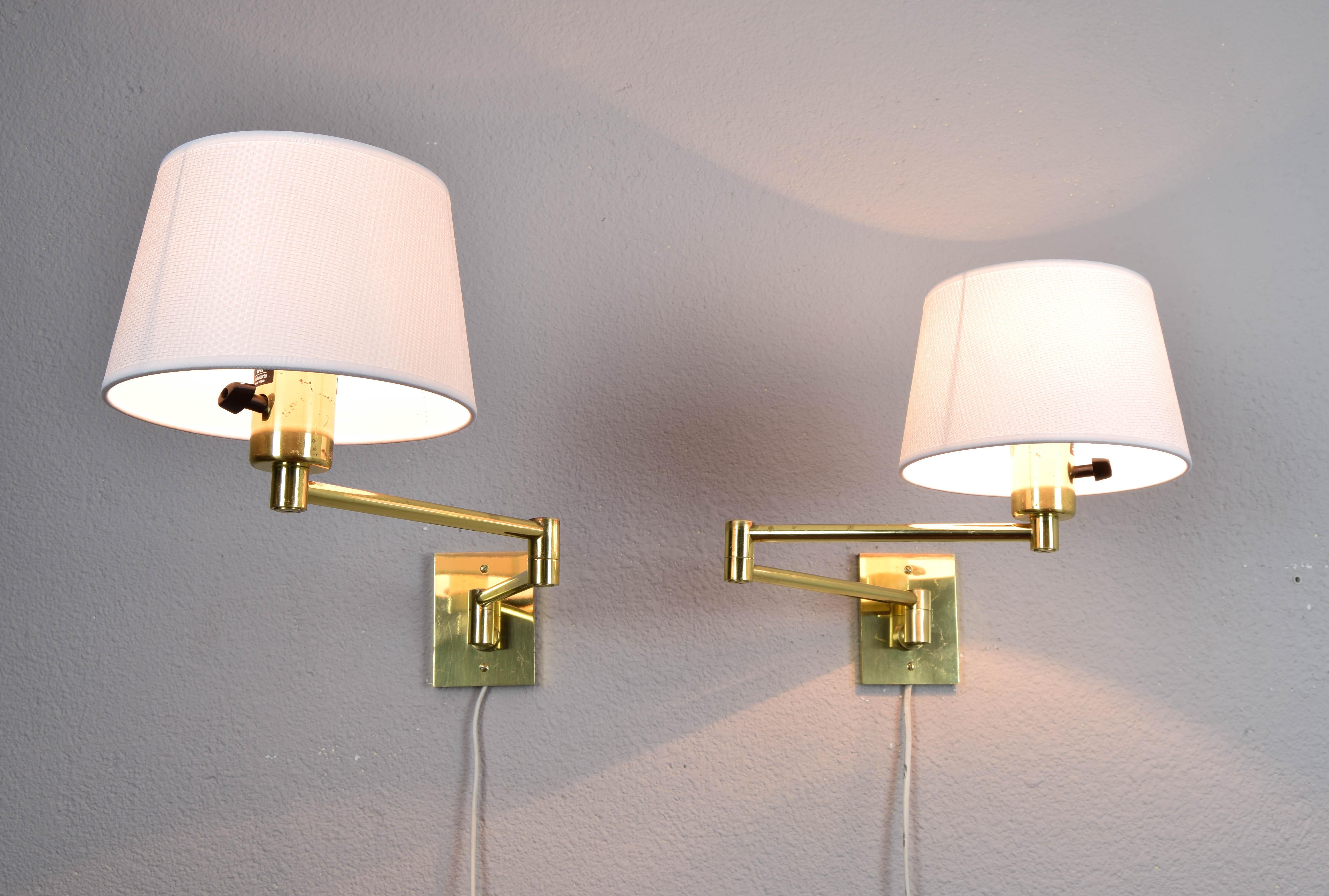 Two Mid-Century Modern Swing Arm Brass Sconces by George W Hansen for Metalarte 1