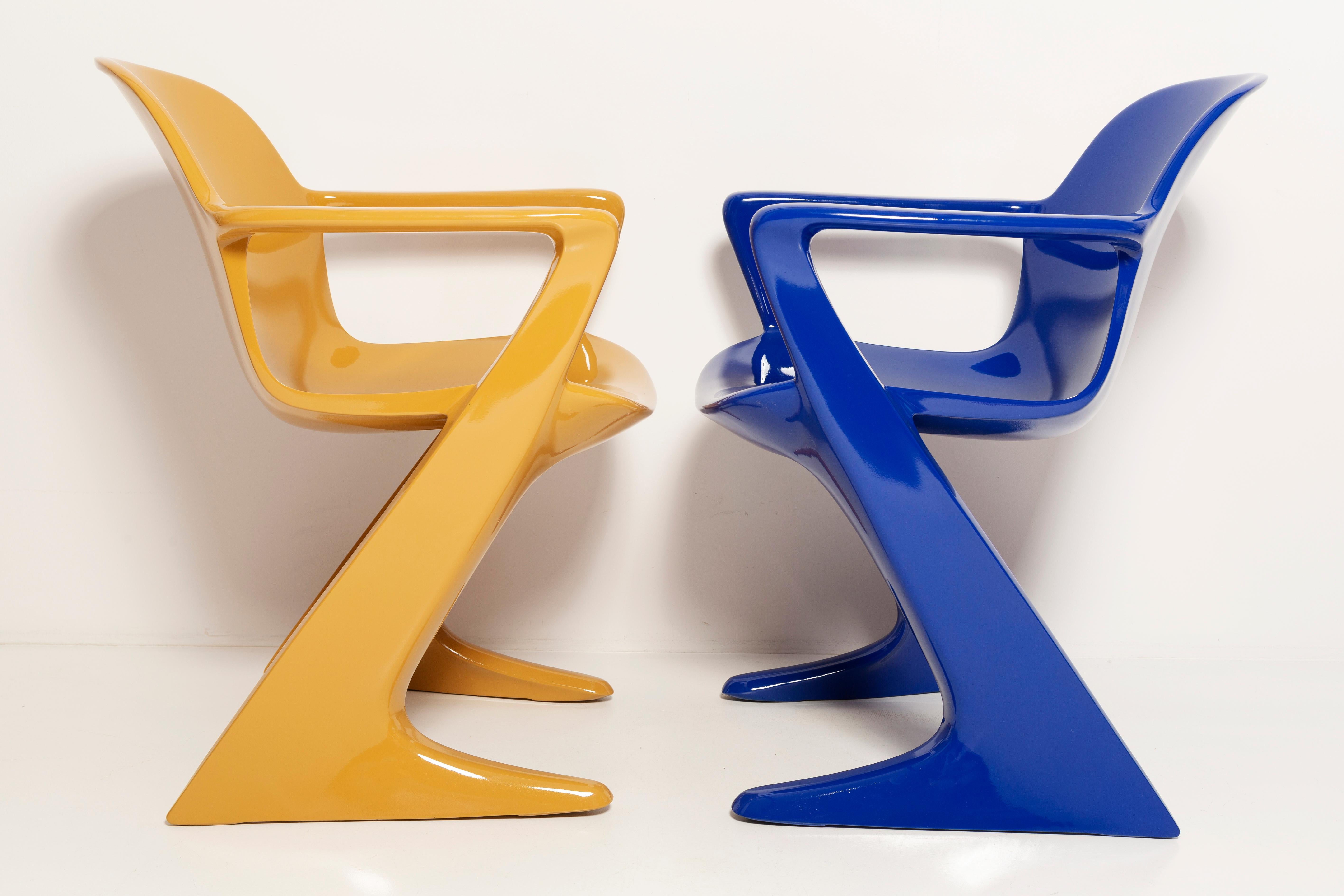 Fiberglass Two Mid-Century Mustard and Blue Kangaroo Chairs Ernst Moeckl, Germany, 1968 For Sale
