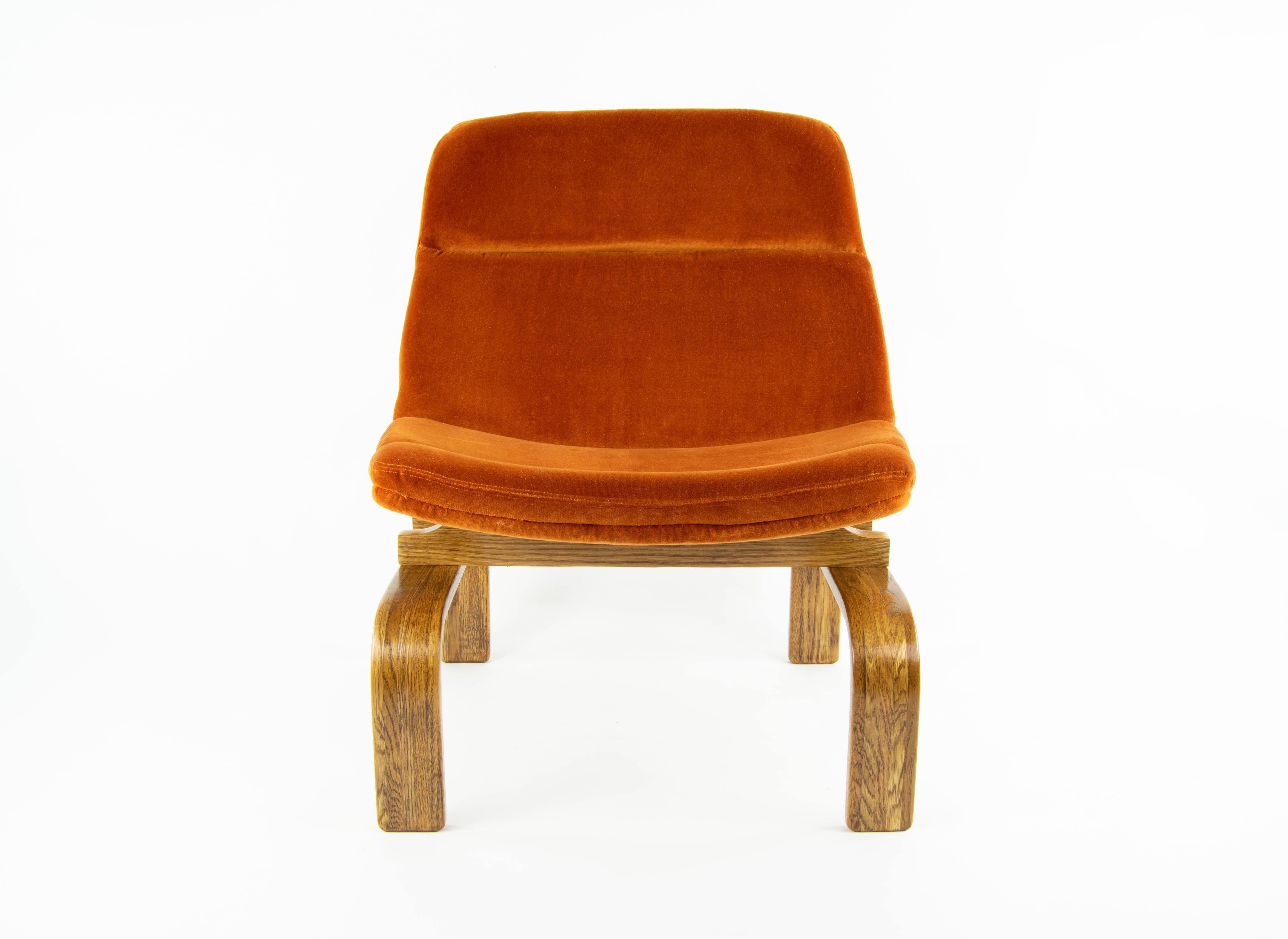 Mid-Century Modern Two Midcentury Orange Velvet and Oak Lounge Chairs by AG Barcelona, 1960