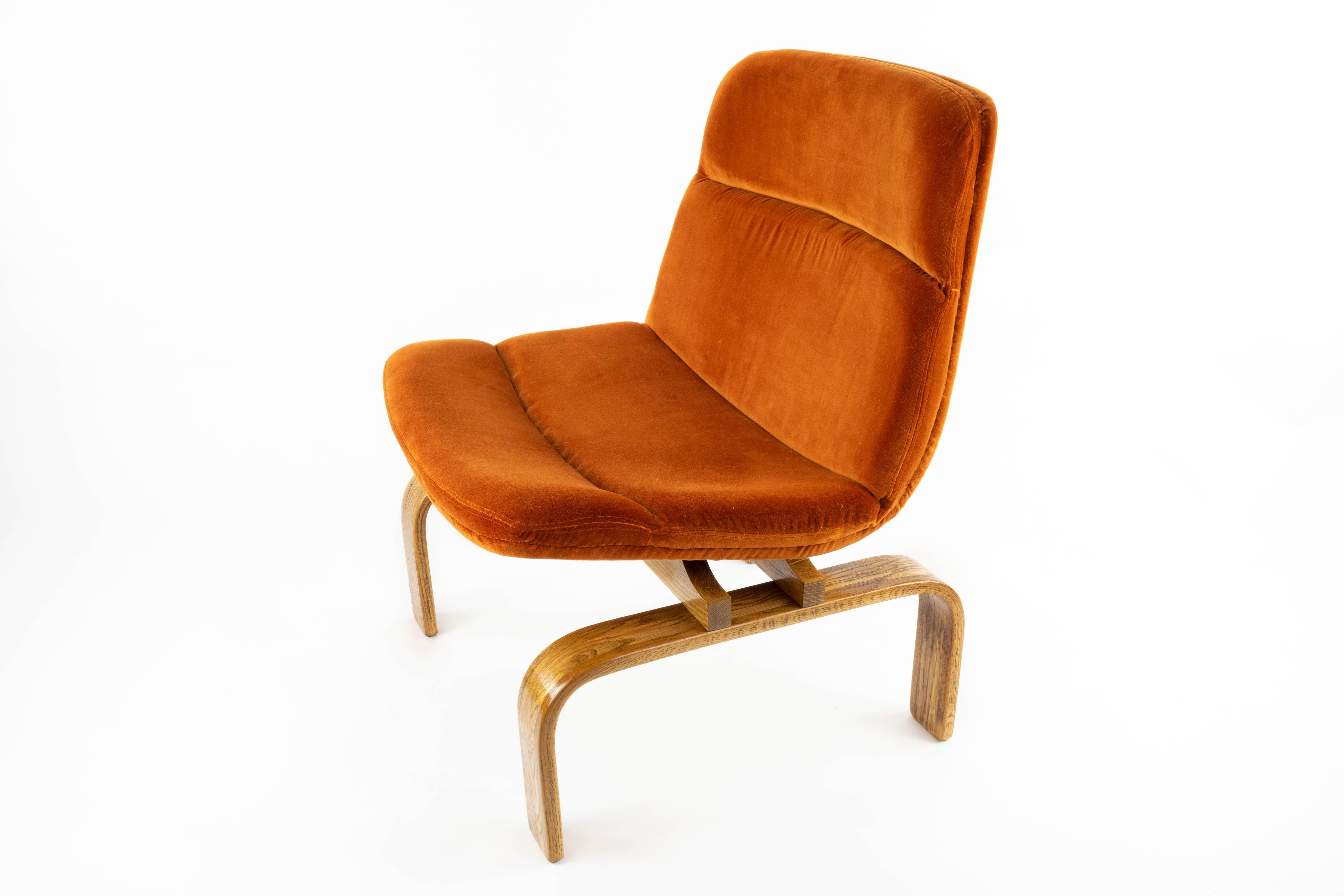 Spanish Two Midcentury Orange Velvet and Oak Lounge Chairs by AG Barcelona, 1960