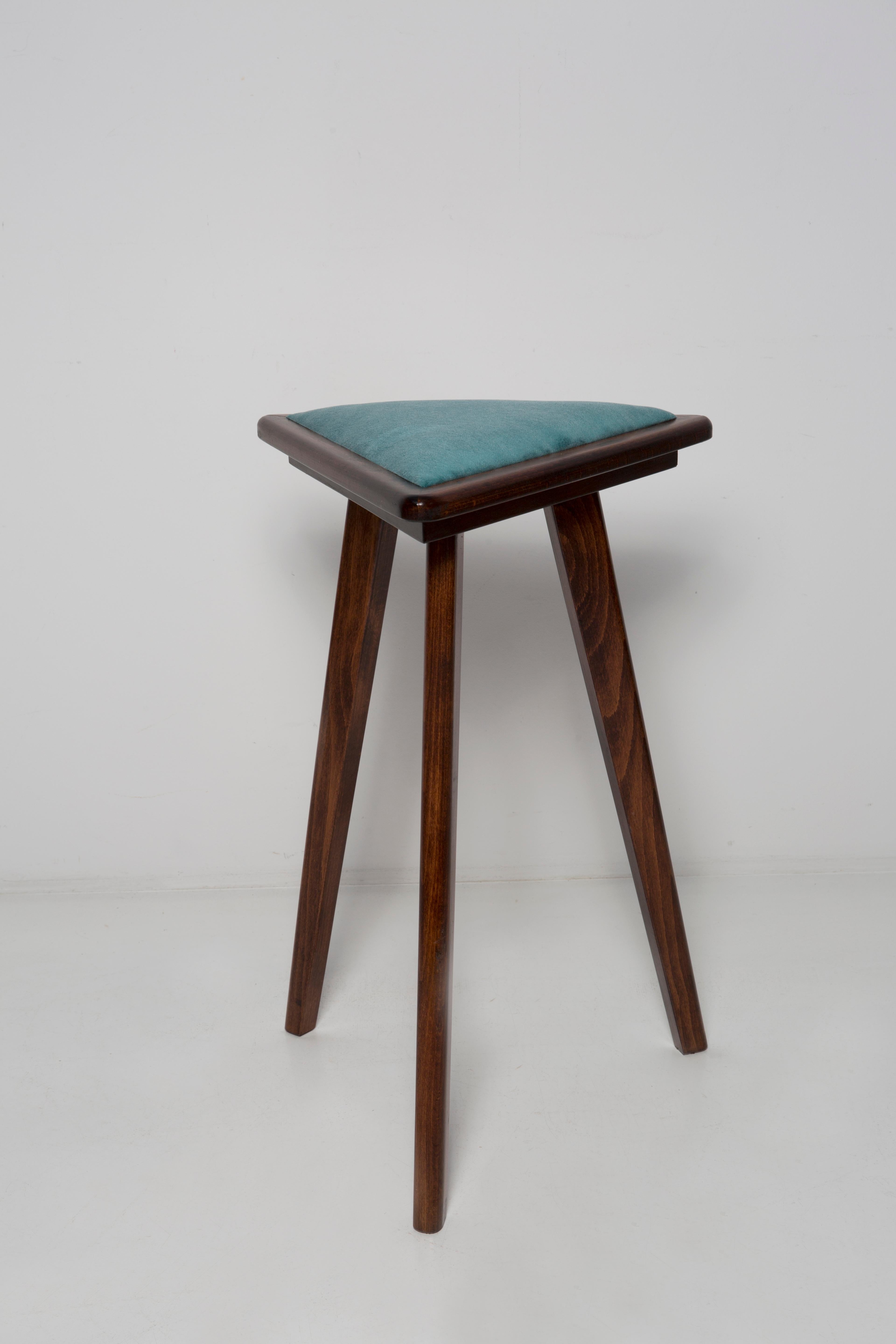 Hand-Crafted Two Mid-Century Style Acqua Velvet Triangle Medium Stools, by Vintola, Poland For Sale