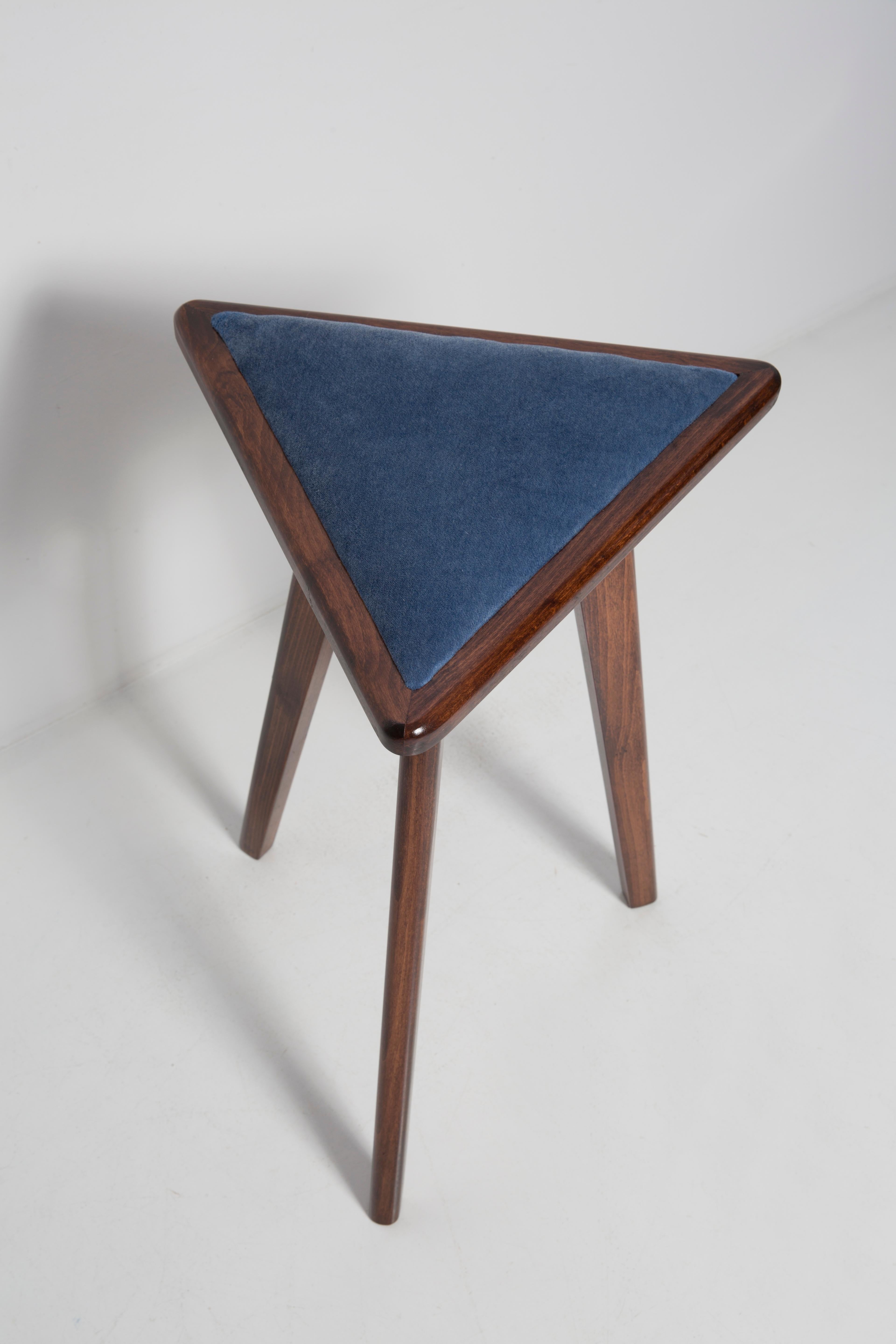 Contemporary Two Mid-Century Style Blue Velvet Triangle Medium Stools, Vintola Studio, Europe For Sale
