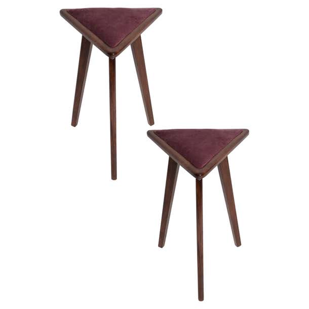Two Mid-Century Style Burgundy Velvet Triangle Medium Stools, by ...