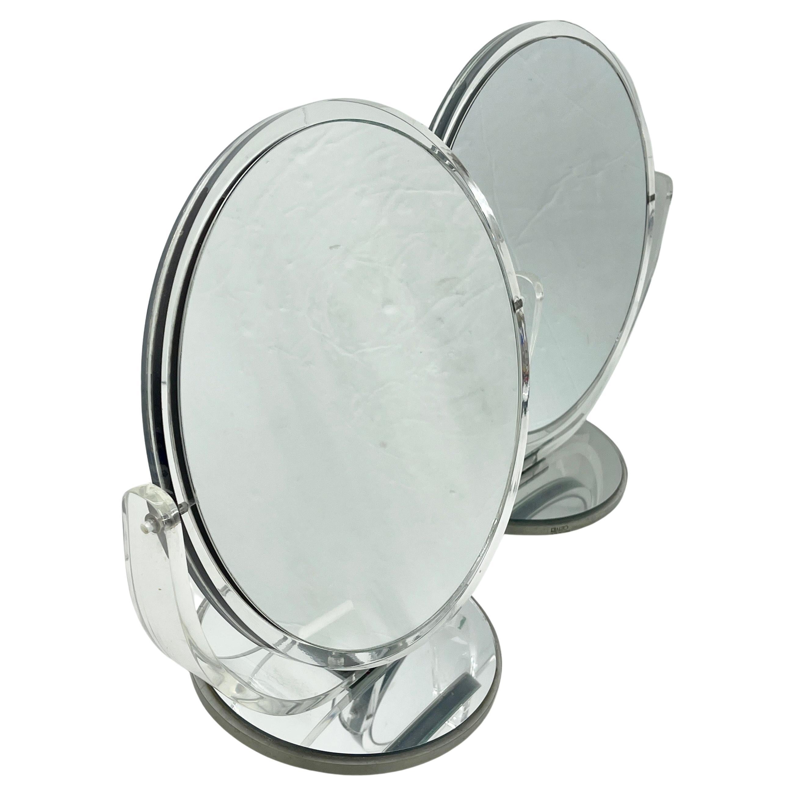 MidCentury Modern Lucite and Brass Double Sided Vanity Mirror For Sale