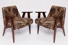 Two Midcentury 366 Armchairs in Leopard Print Velvet, Jozef Chierowski, 1960s