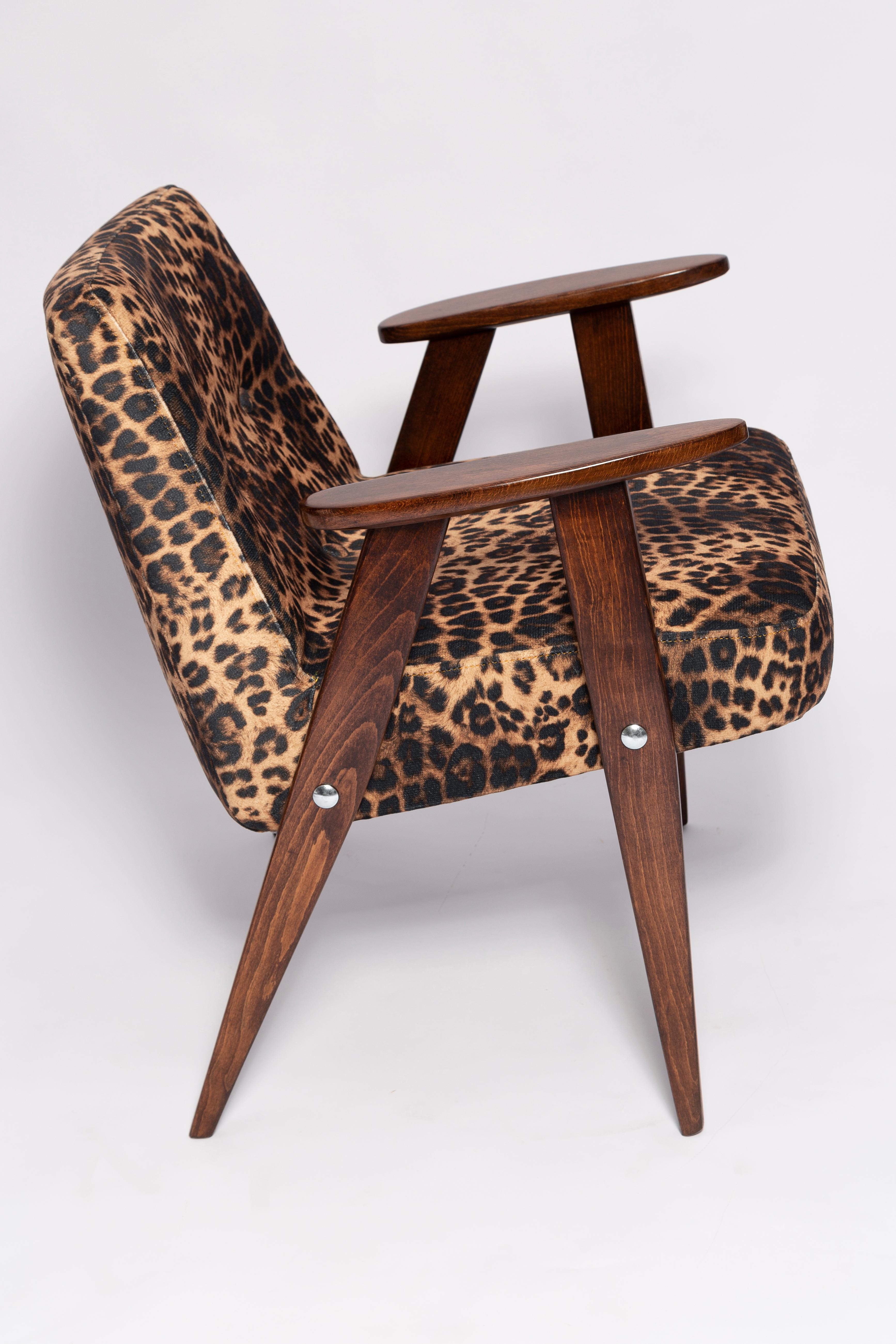 Two Midcentury 366 Armchairs in Leopard Print Velvet, Jozef Chierowski, 1960s For Sale 1