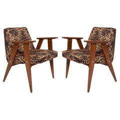 Two Mid Century 366 Armchairs in Leopard Print Velvet, Jozef Chierowski, 1960s