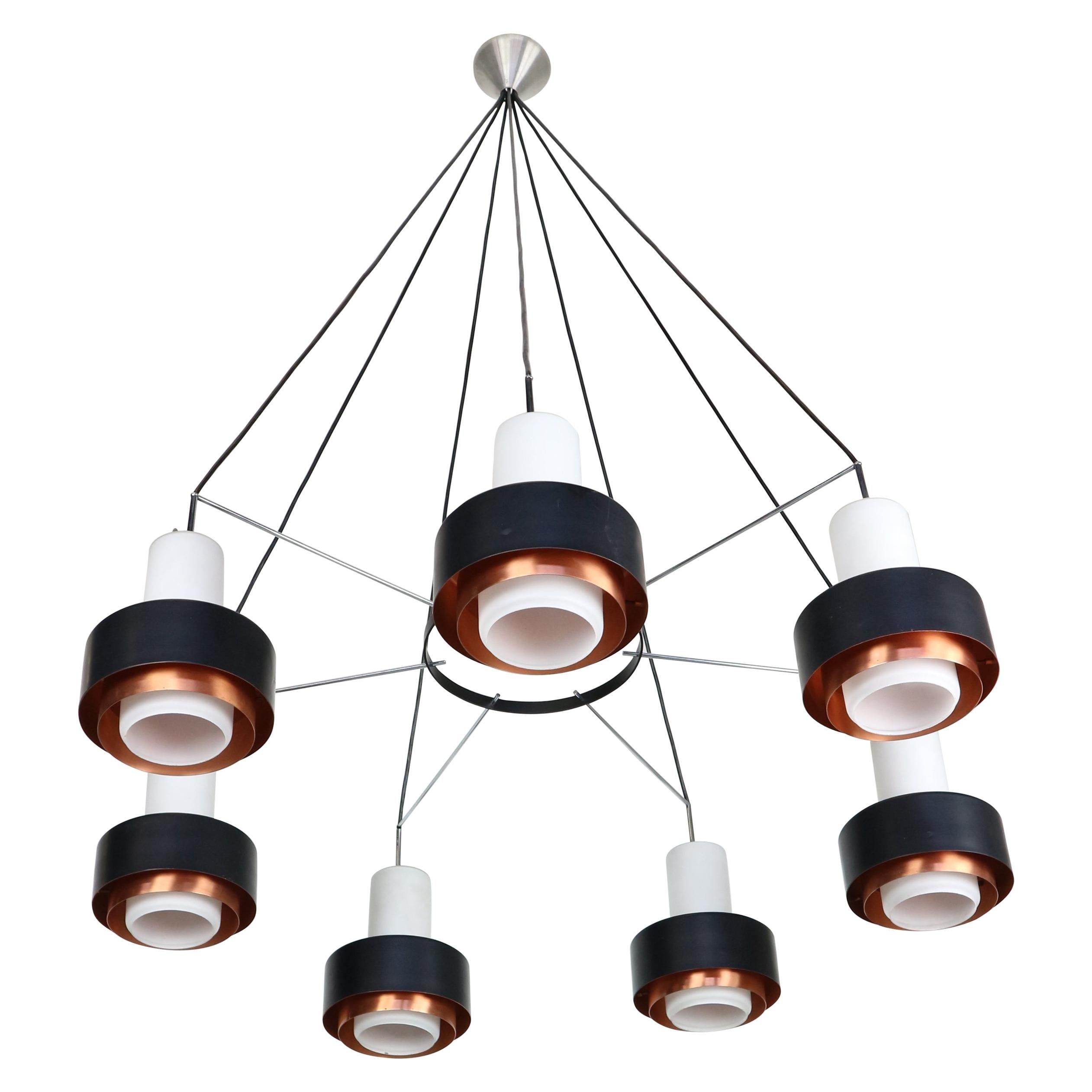 Set of two large chandelier pendant. Chrome, black metal, copper and opaline glass. The seven shades are 20 cm in diameter. Real eye-catcher, two of the same lamps in one set.