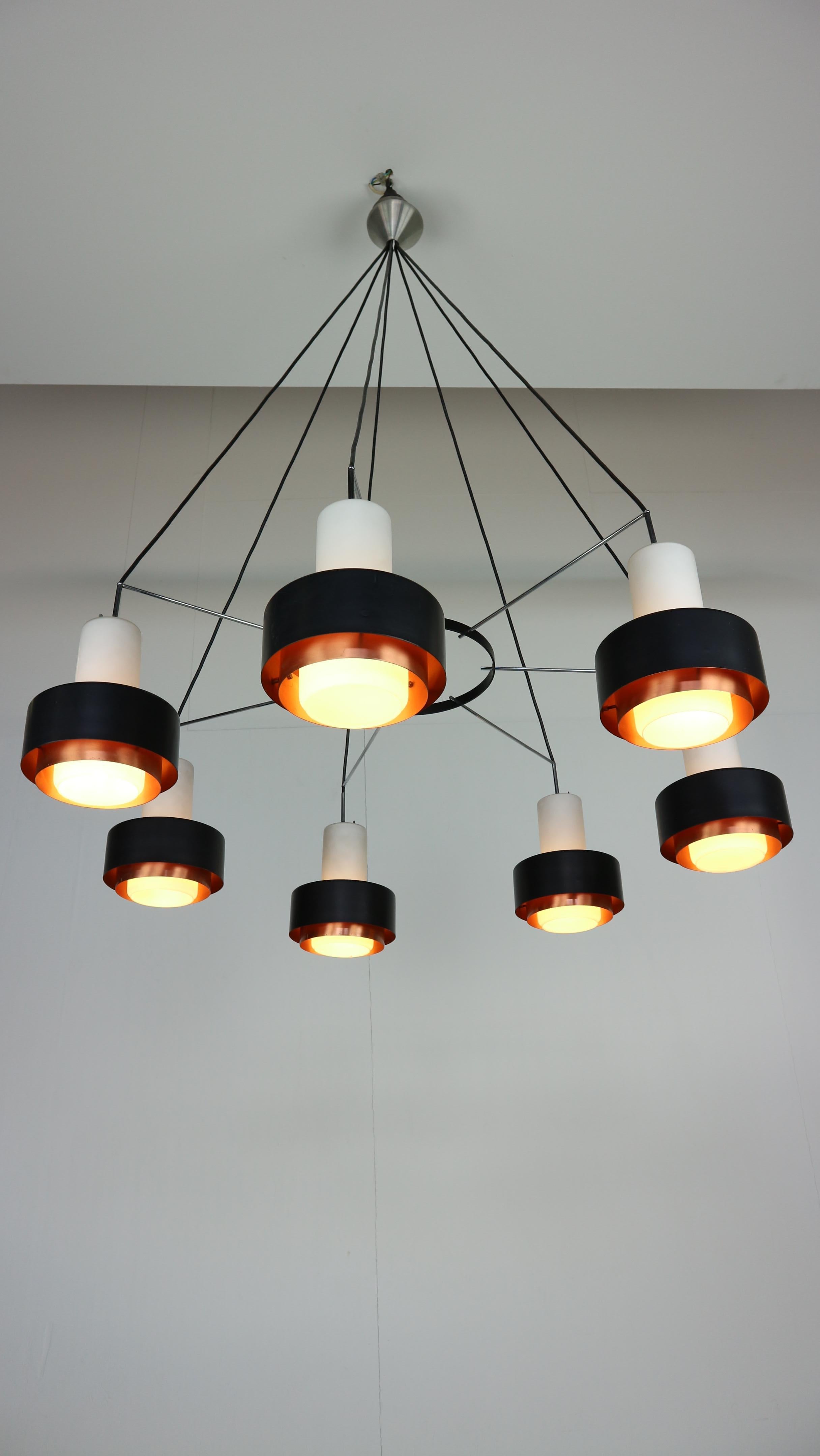 Mid-Century Modern Two Midcentury Chandelier, Opal Glass and Black and Copper Shade, 1960s