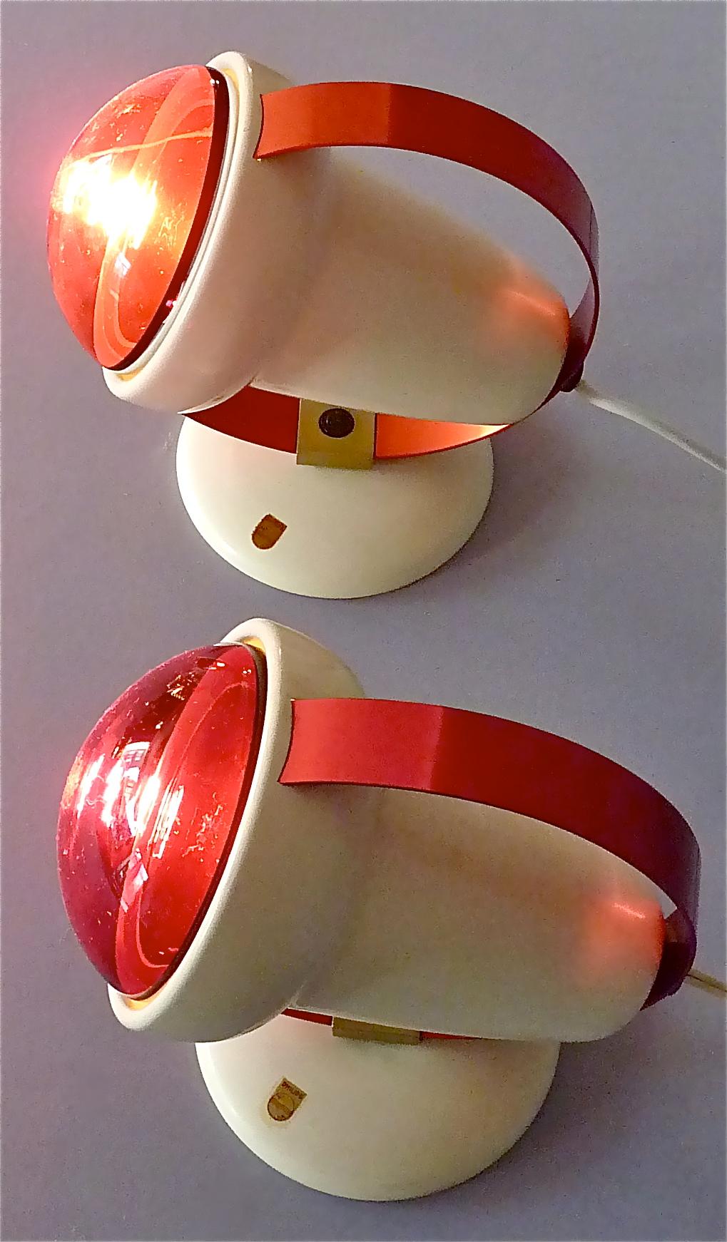Two Midcentury Charlotte Perriand Table Wall Lamps for Philips Red Lights Sconce For Sale 5
