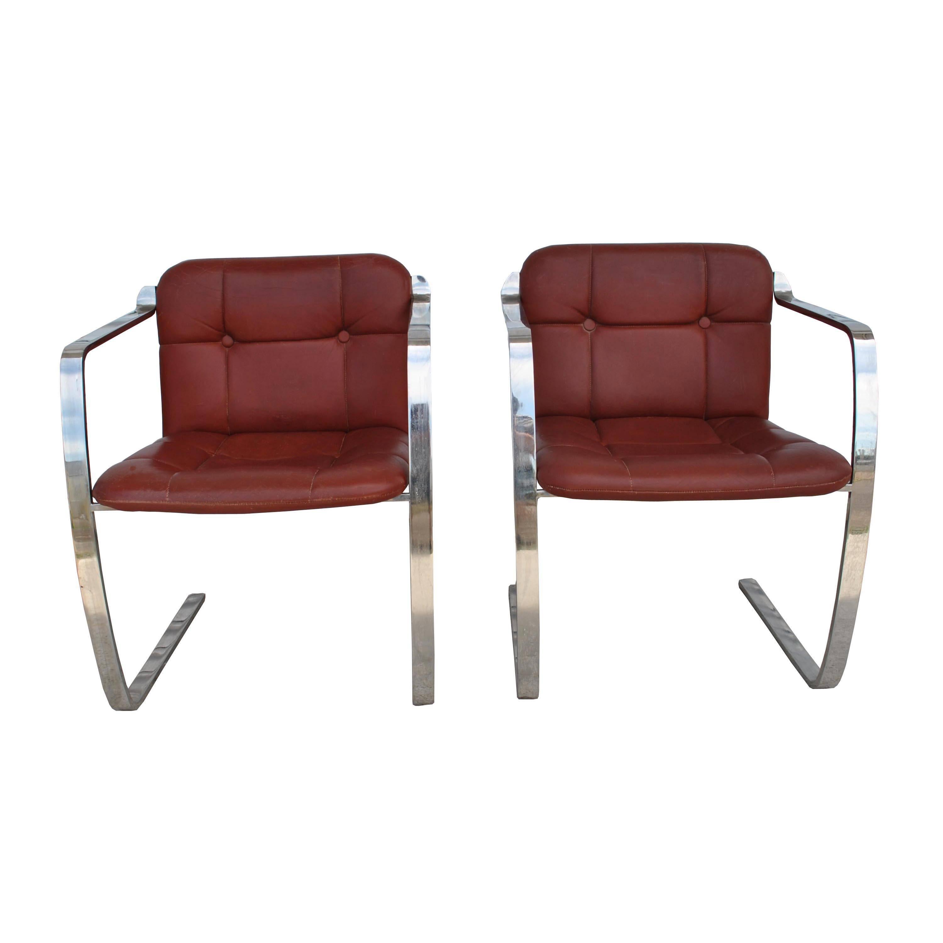 Mid-Century Modern Rare Pair Cumberland Stainless Steel and Leather Armchairs For Sale