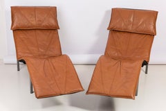 Two Midcentury Danish Modern Leather Chaise Lounge Chairs, Tord Björklund, 1980