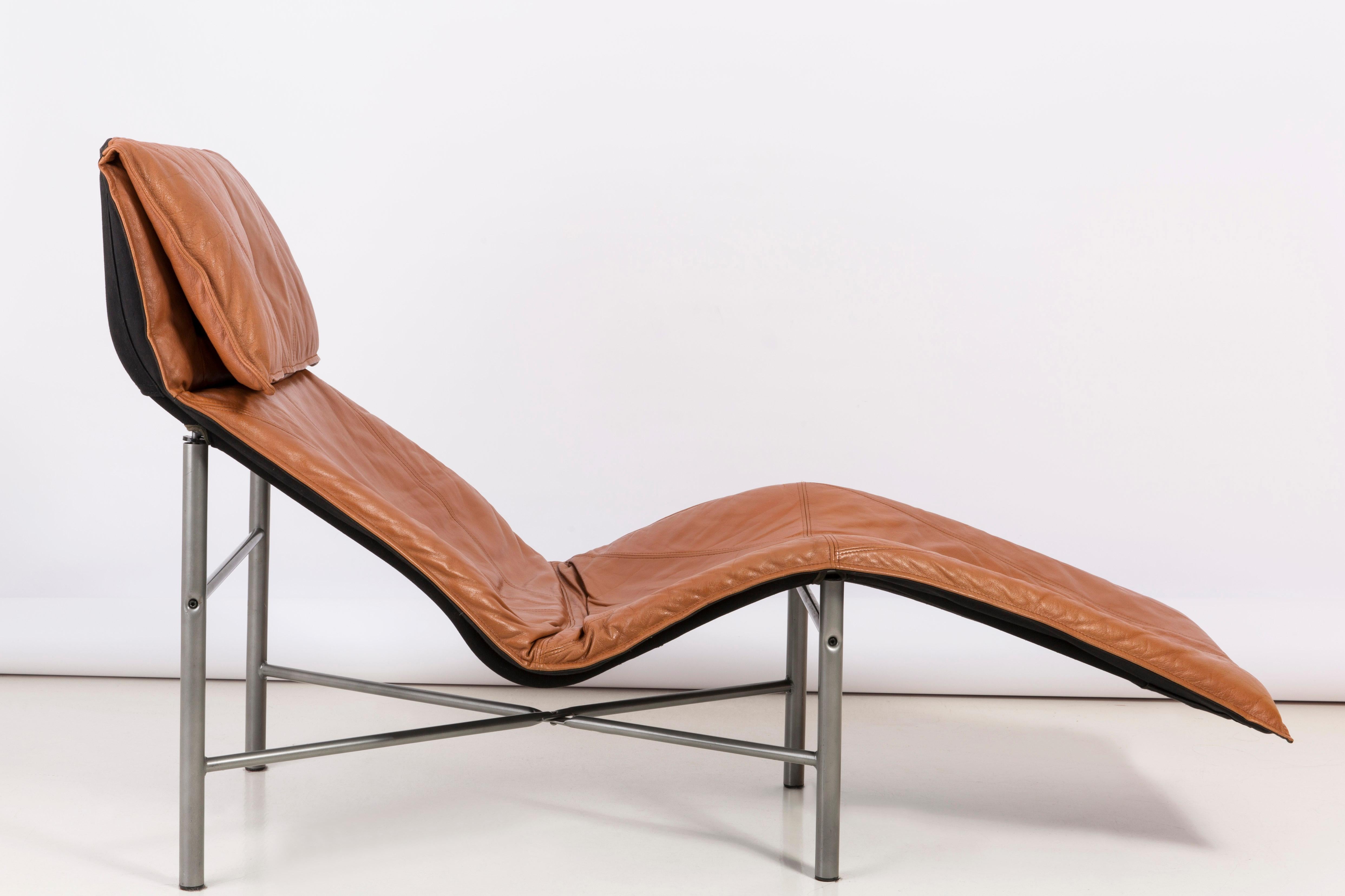 Steel Two Midcentury Danish Modern Leather Chaise Lounge Chairs, Tord Björklund, 1980 For Sale