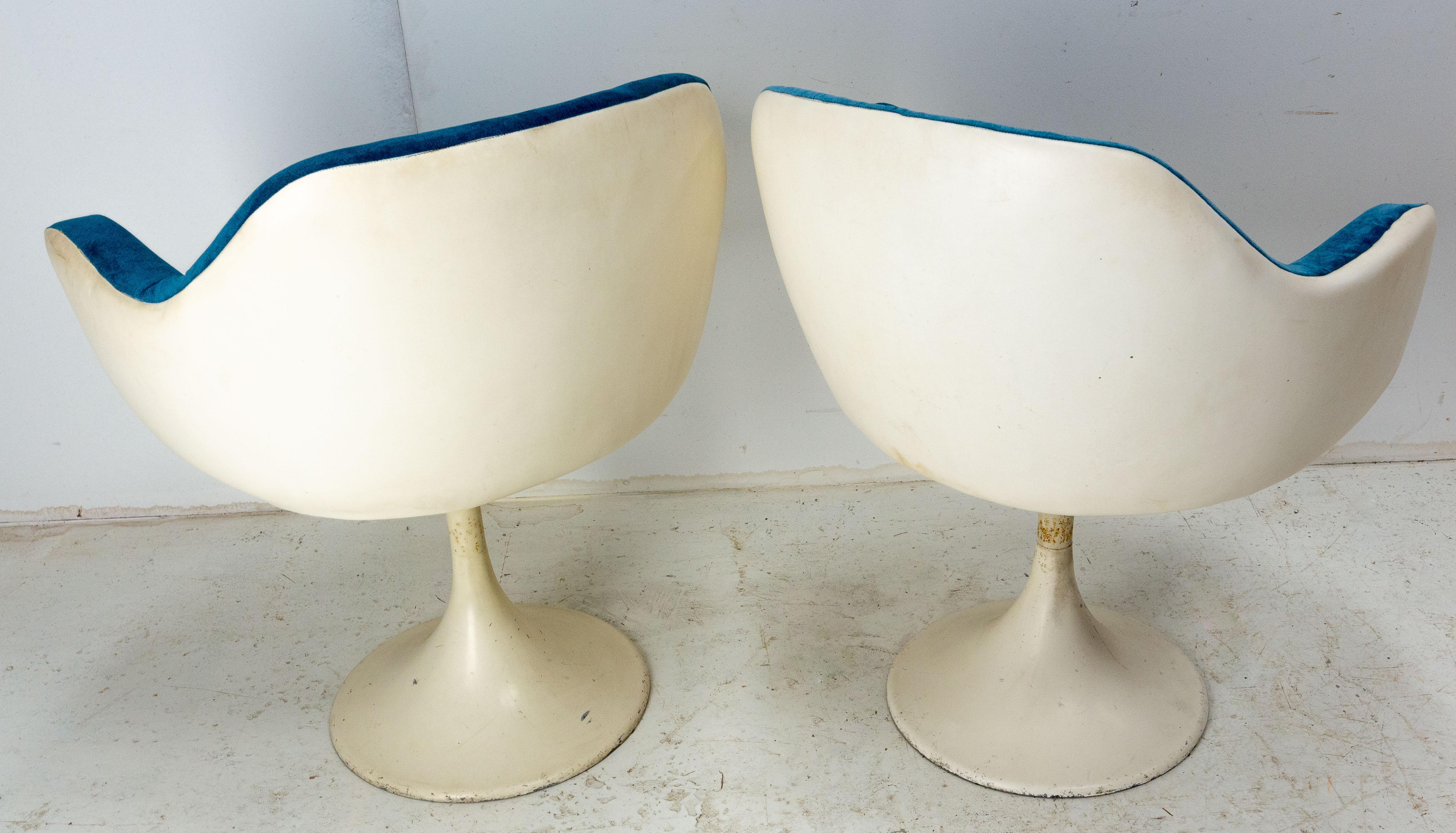 20th Century Two Midcentury French Armchairs Metal and Velvet Tulip Foot, Reupholstered For Sale