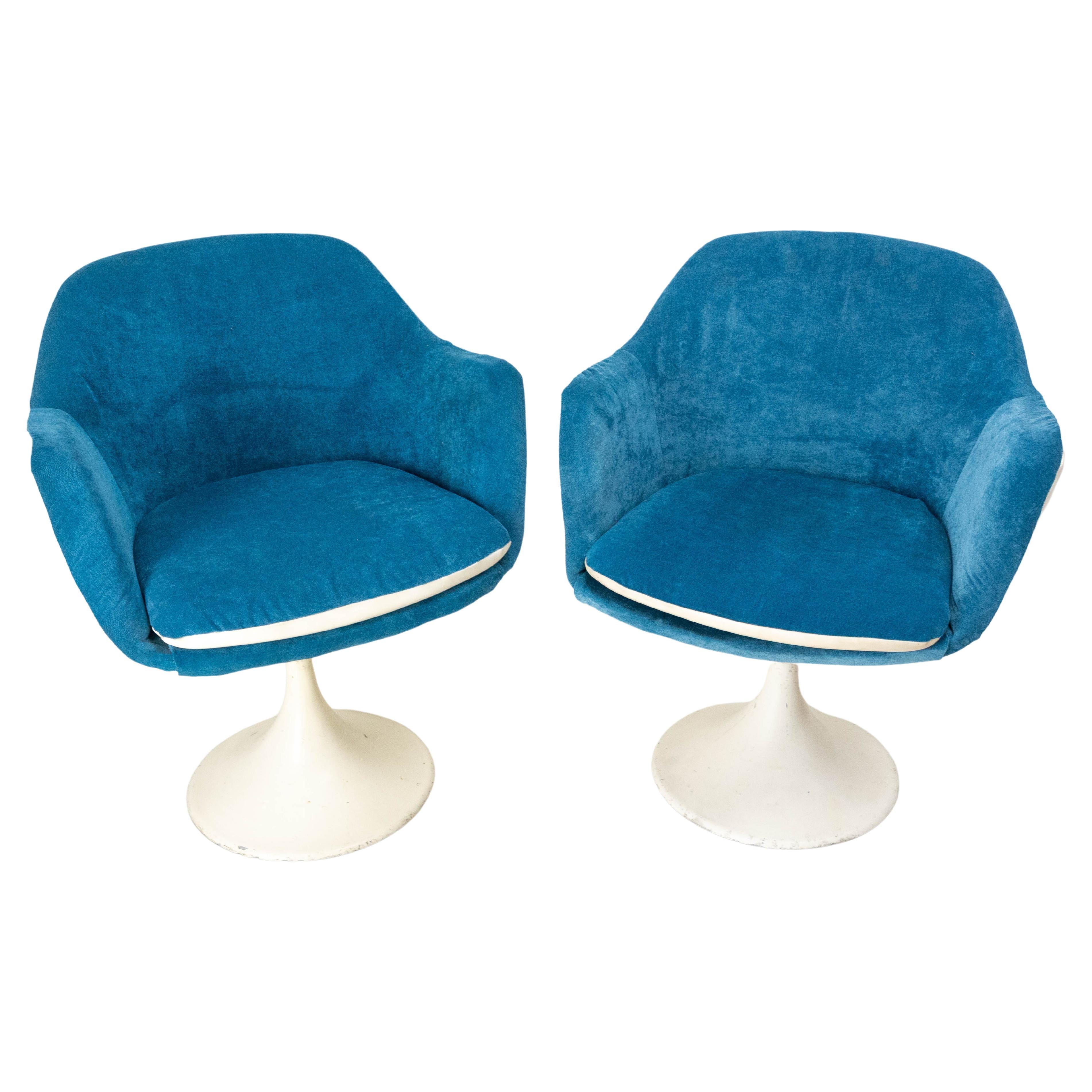 Two Midcentury French Armchairs Metal and Velvet Tulip Foot, Reupholstered For Sale