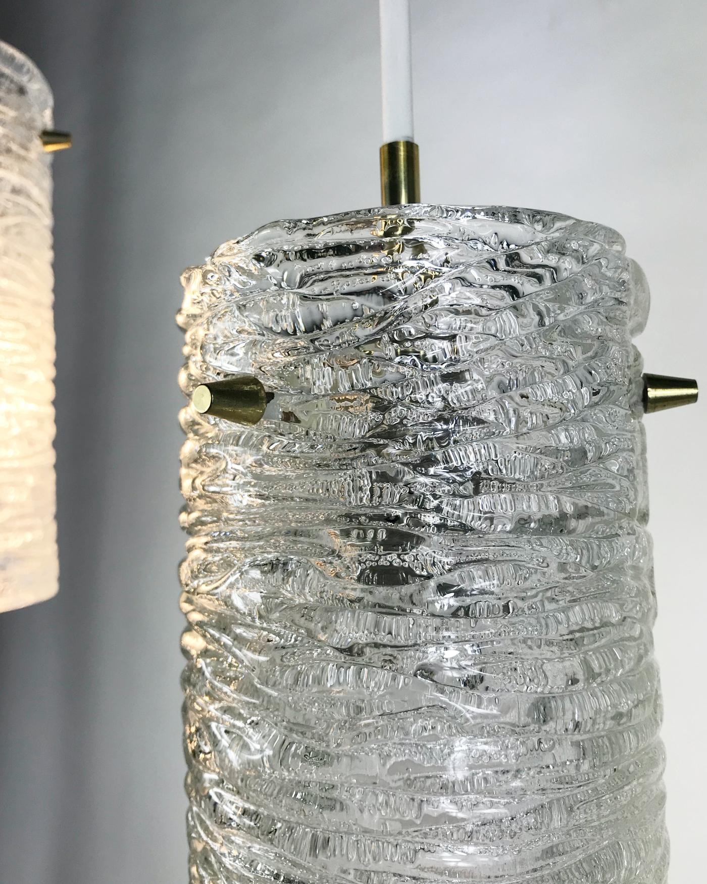 Mid-Century Modern Two Midcentury J.T. Kalmar Brass & Textured Glass Pendant Lights, 1960s, Austria For Sale
