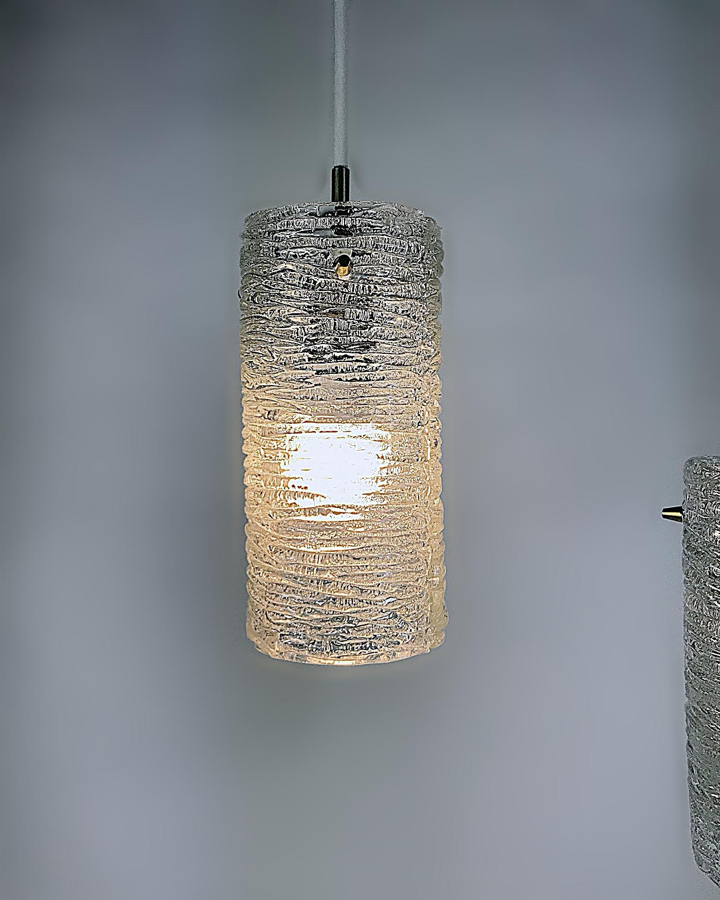 Austrian Two Midcentury J.T. Kalmar Brass & Textured Glass Pendant Lights, 1960s, Austria For Sale