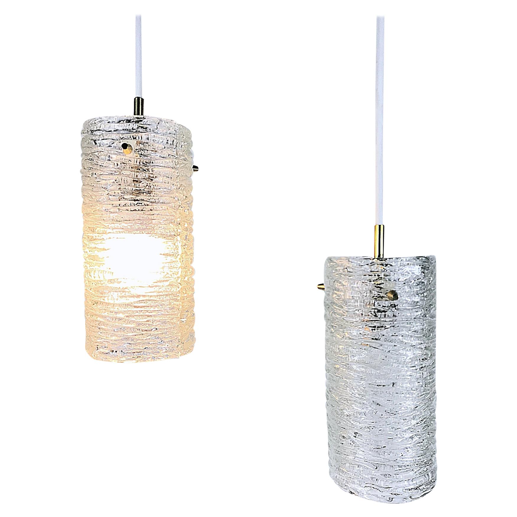 Two Midcentury J.T. Kalmar Brass & Textured Glass Pendant Lights, 1960s, Austria