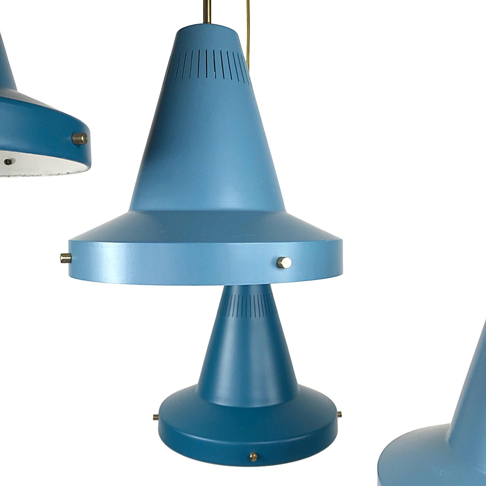 Mid-Century Modern Two of Four Stilnovo Midcentury Modern Blue Pendant Lights, 1950s, Italy For Sale