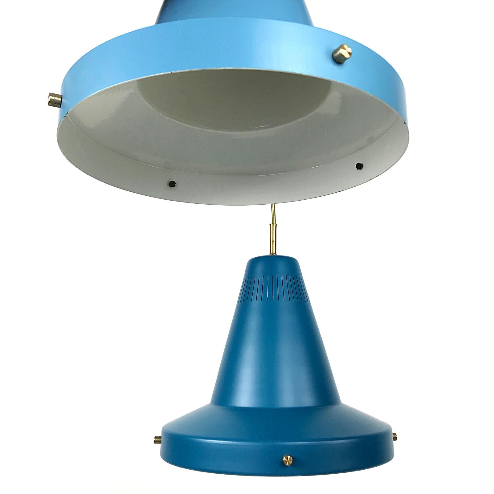 Lacquered Two of Four Stilnovo Midcentury Modern Blue Pendant Lights, 1950s, Italy For Sale