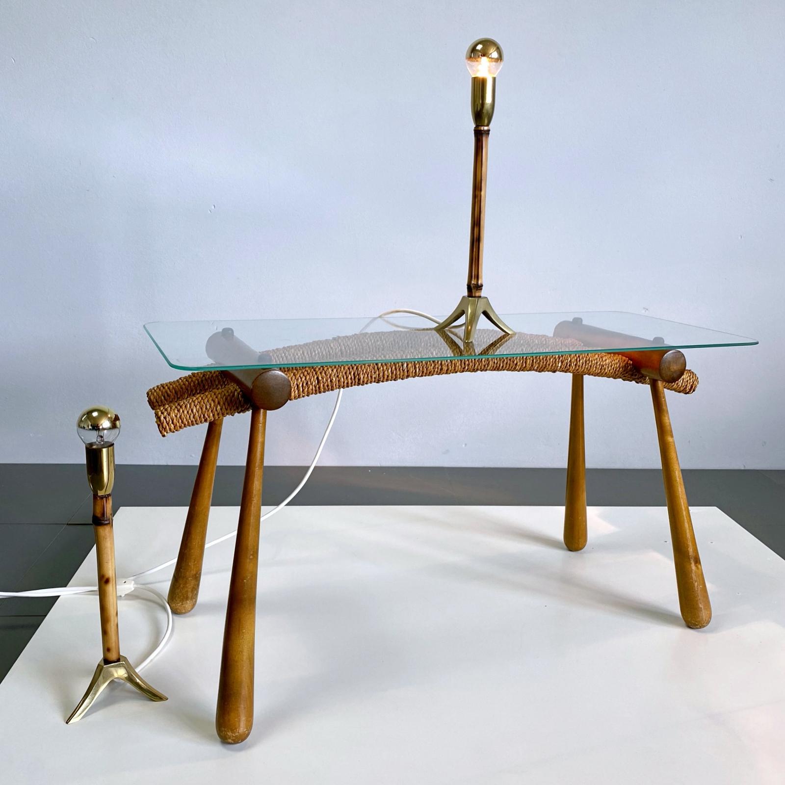 Mid-Century Modern Two Midcentury Rupert Nikoll Brass & Bamboo Nightstand Table Lamp, 1955, Austria