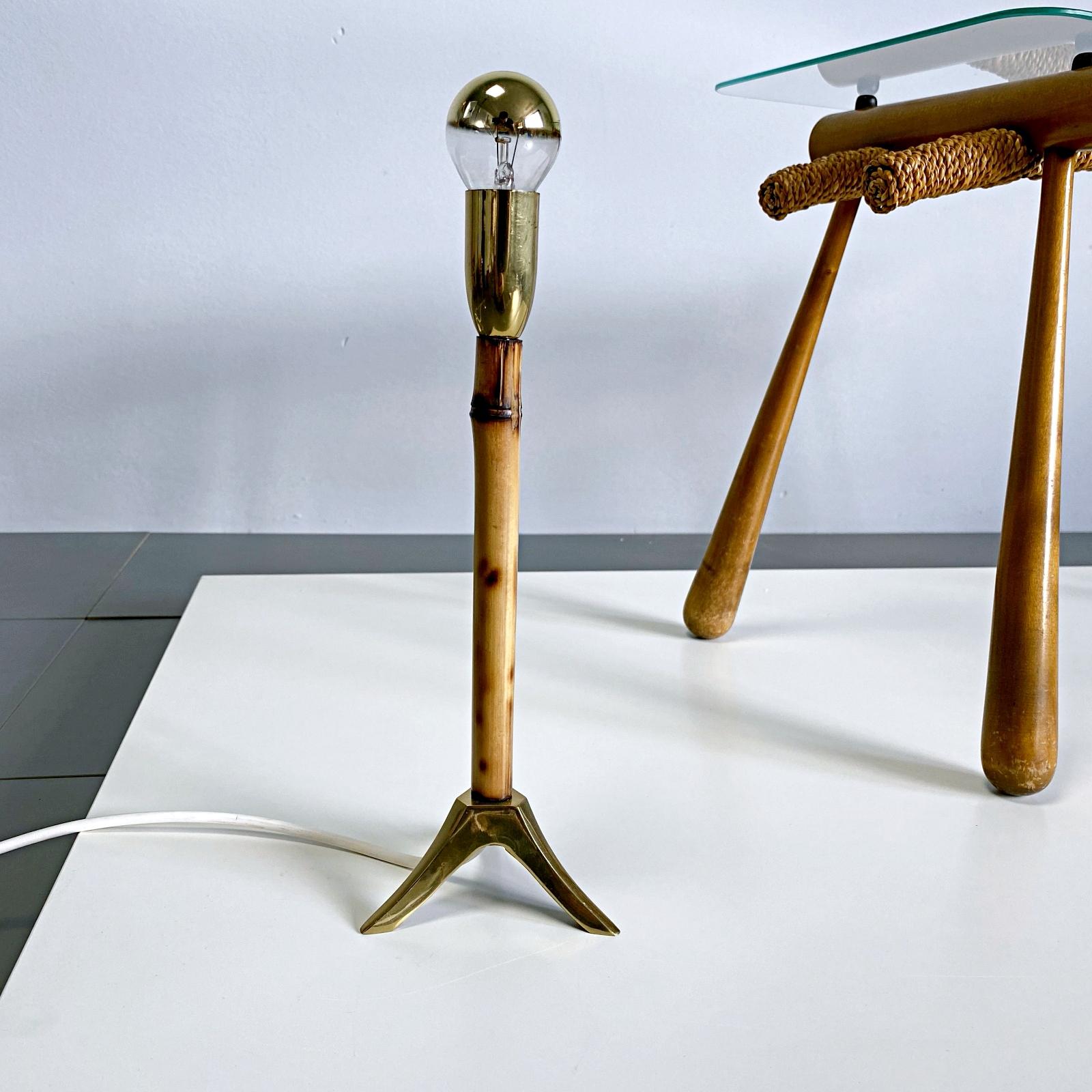 Austrian Two Midcentury Rupert Nikoll Brass & Bamboo Nightstand Table Lamp, 1955, Austria