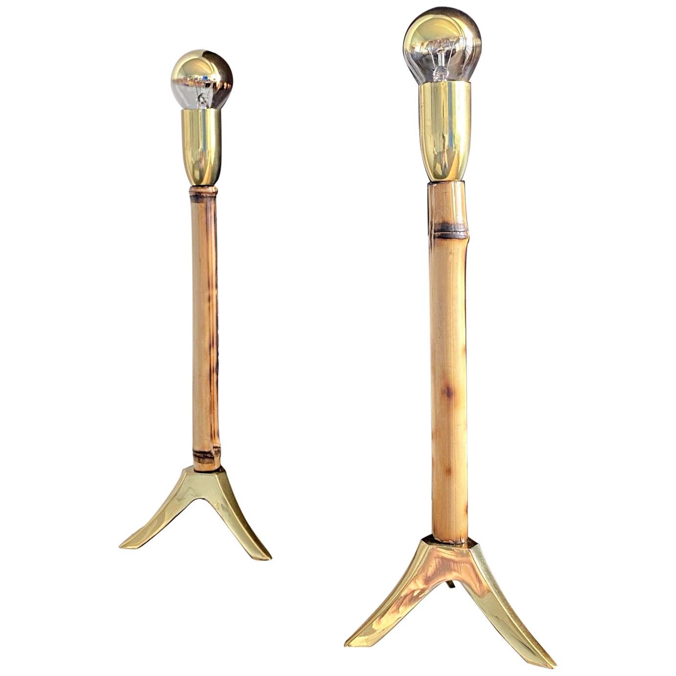 Two Midcentury Rupert Nikoll Brass & Bamboo Nightstand Table Lamp, 1955, Austria