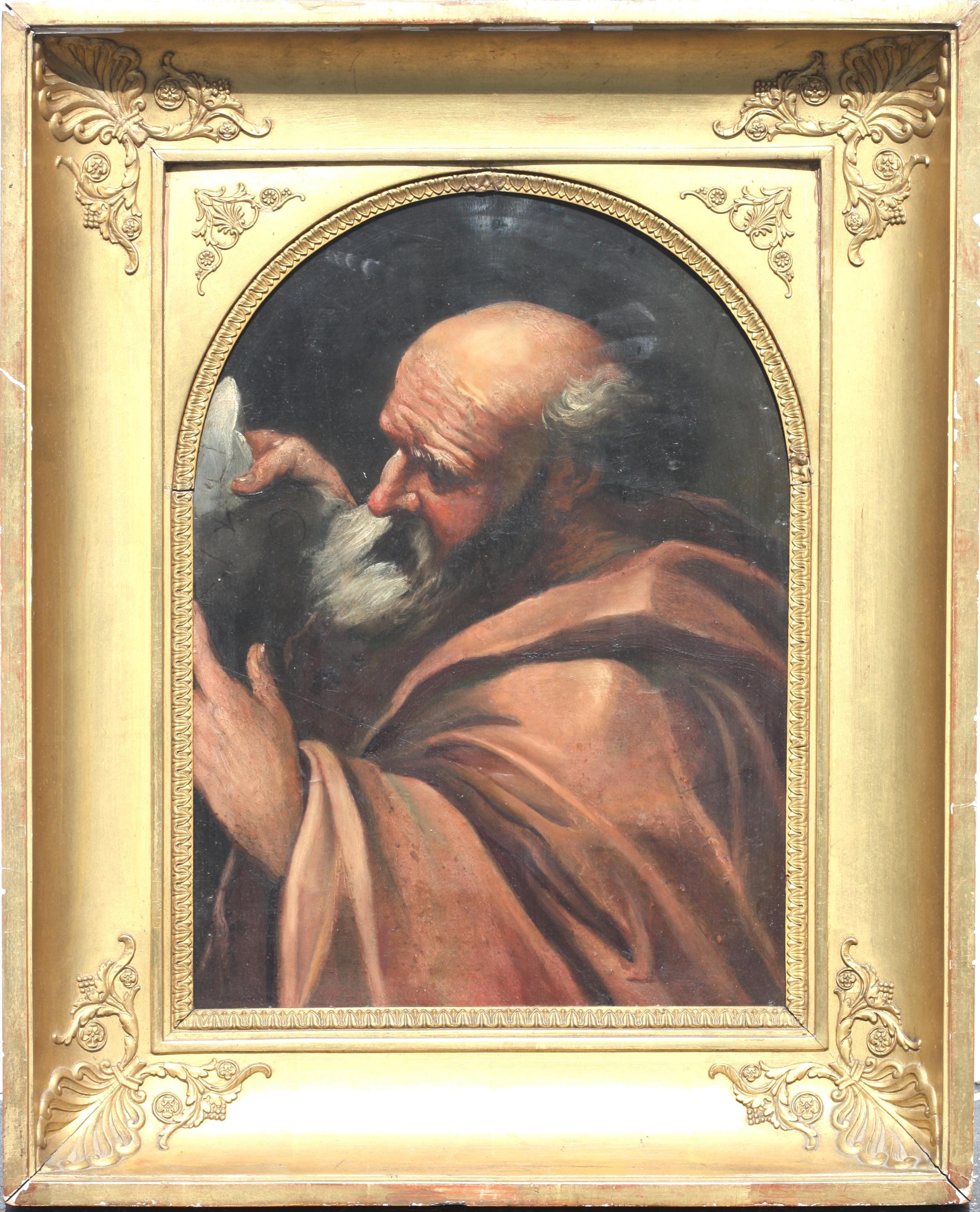 
Dos pinturas al óleo sobre tabla de la escuela milanesa, siglo XVII
que representan al filósofo griego Diógenes y al renombrado matemático Arquímedes; en marcos dorados del siglo XIX.
18 pulgadas por 22 pulgadas; (45,7 cm por 55,9 cm)

cf.