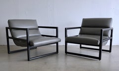 Two Milo Baughman Scoop Lounge Chairs in Ebonized Black and Grey Leather