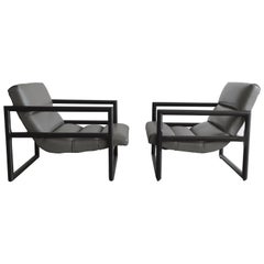 Two Milo Baughman Scoop Lounge Chairs in Ebonized Black and Grey Leather