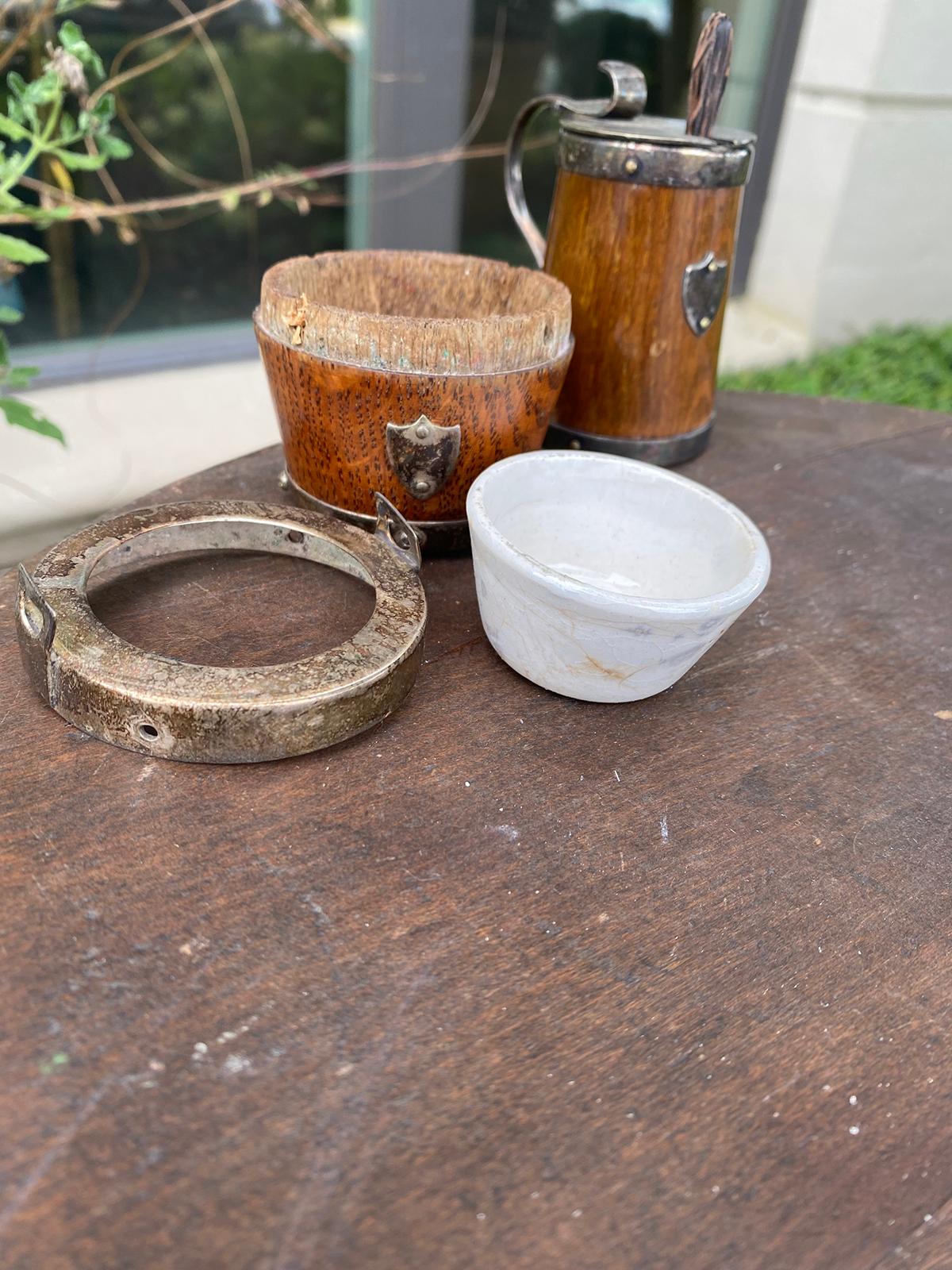 Two Miniature Wood & Silver Electroplate Mustard Pot with Spoon and Container For Sale 4