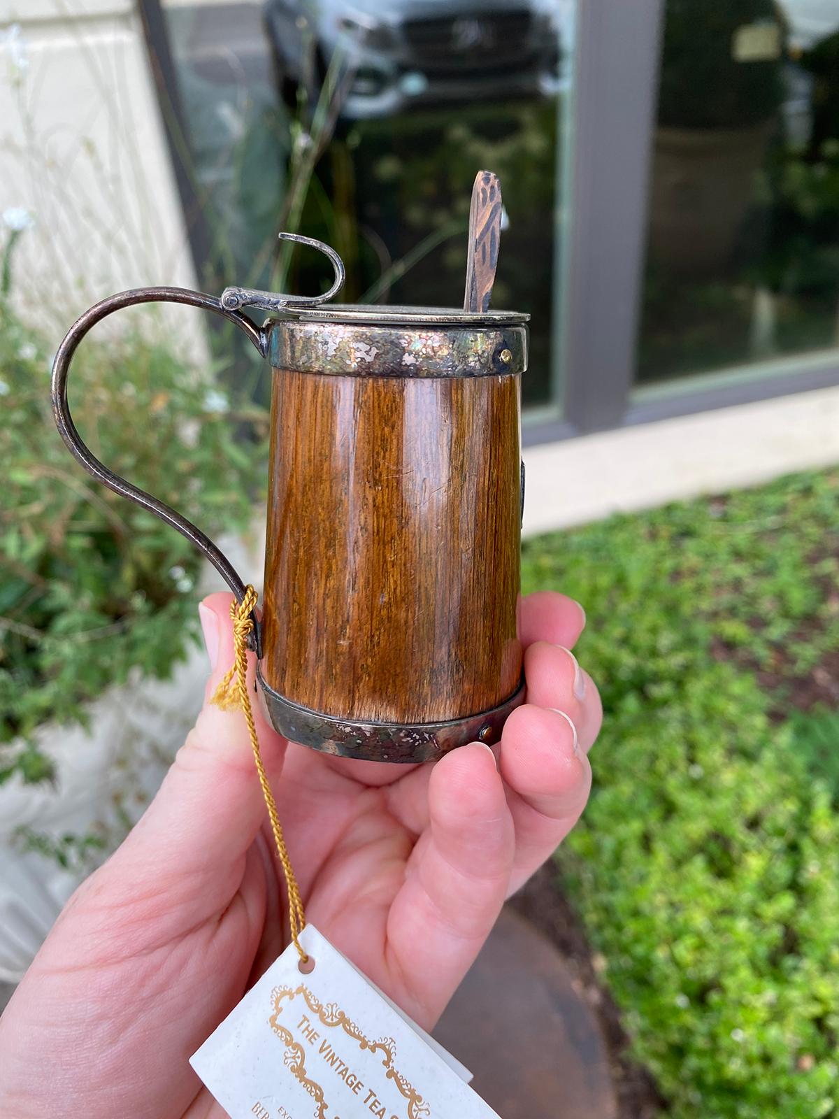 Two Miniature Wood & Silver Electroplate Mustard Pot with Spoon and Container For Sale 9