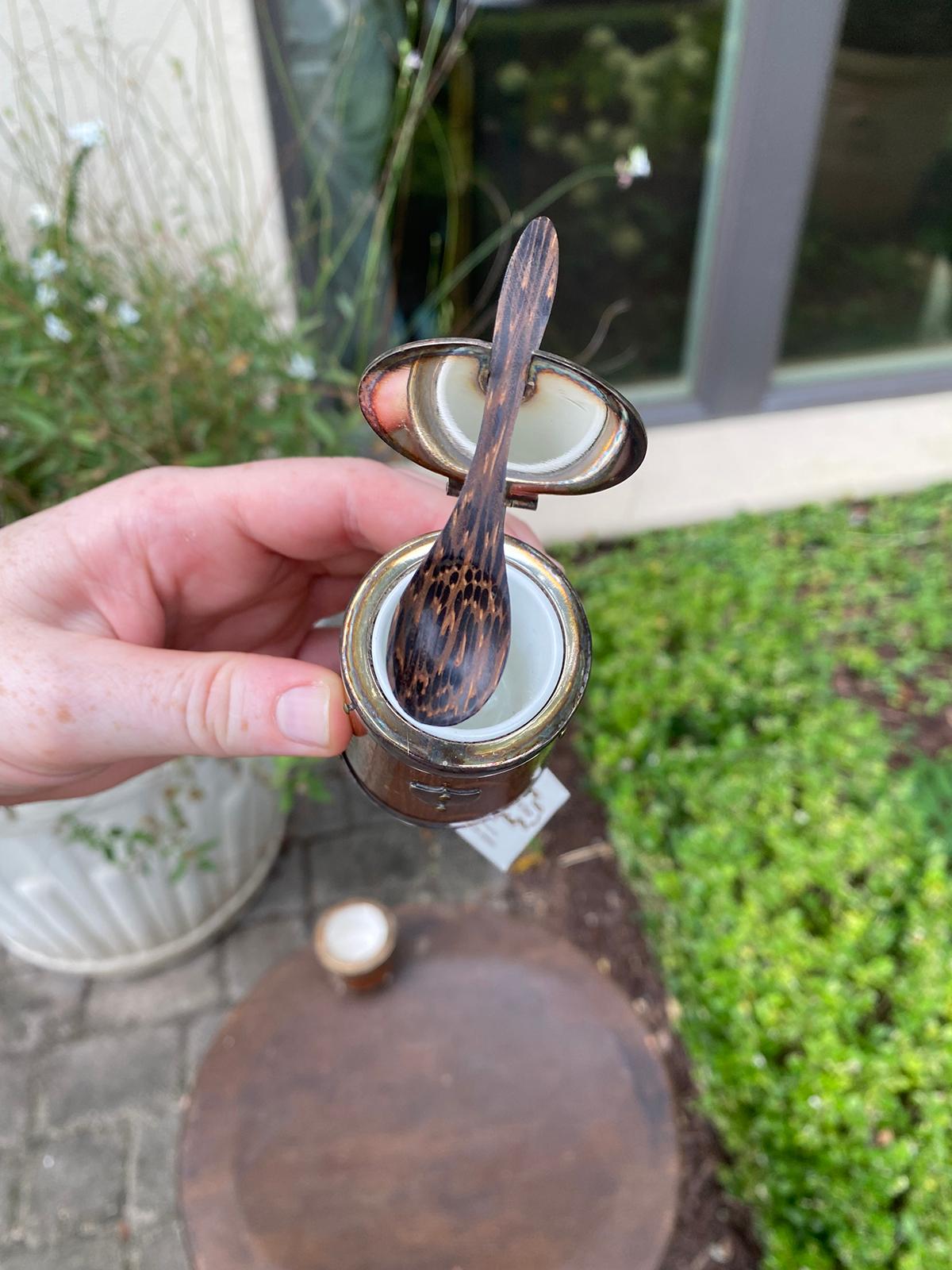 Two Miniature Wood & Silver Electroplate Mustard Pot with Spoon and Container For Sale 11