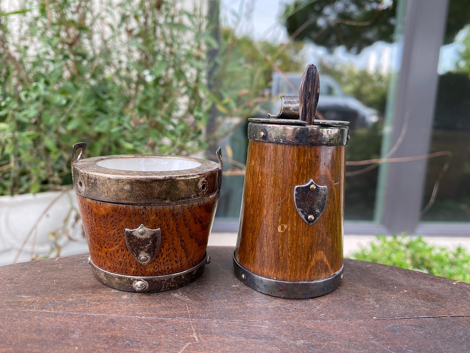 Two late 19th-early 20th century miniature wood & silver electroplate mustard pot with spoon and container with bergdorf goodman tag, epns mark on container.
Container:2.5