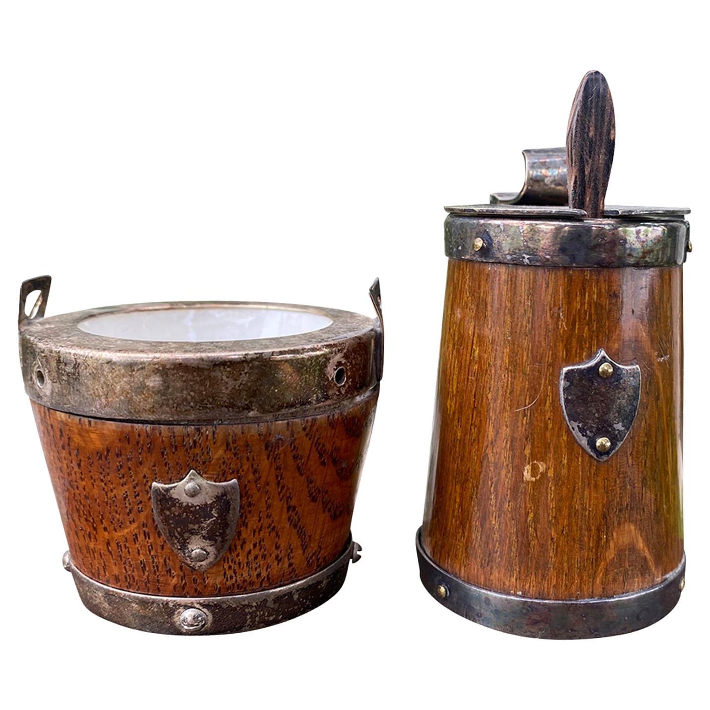 Two Miniature Wood & Silver Electroplate Mustard Pot with Spoon and Container For Sale